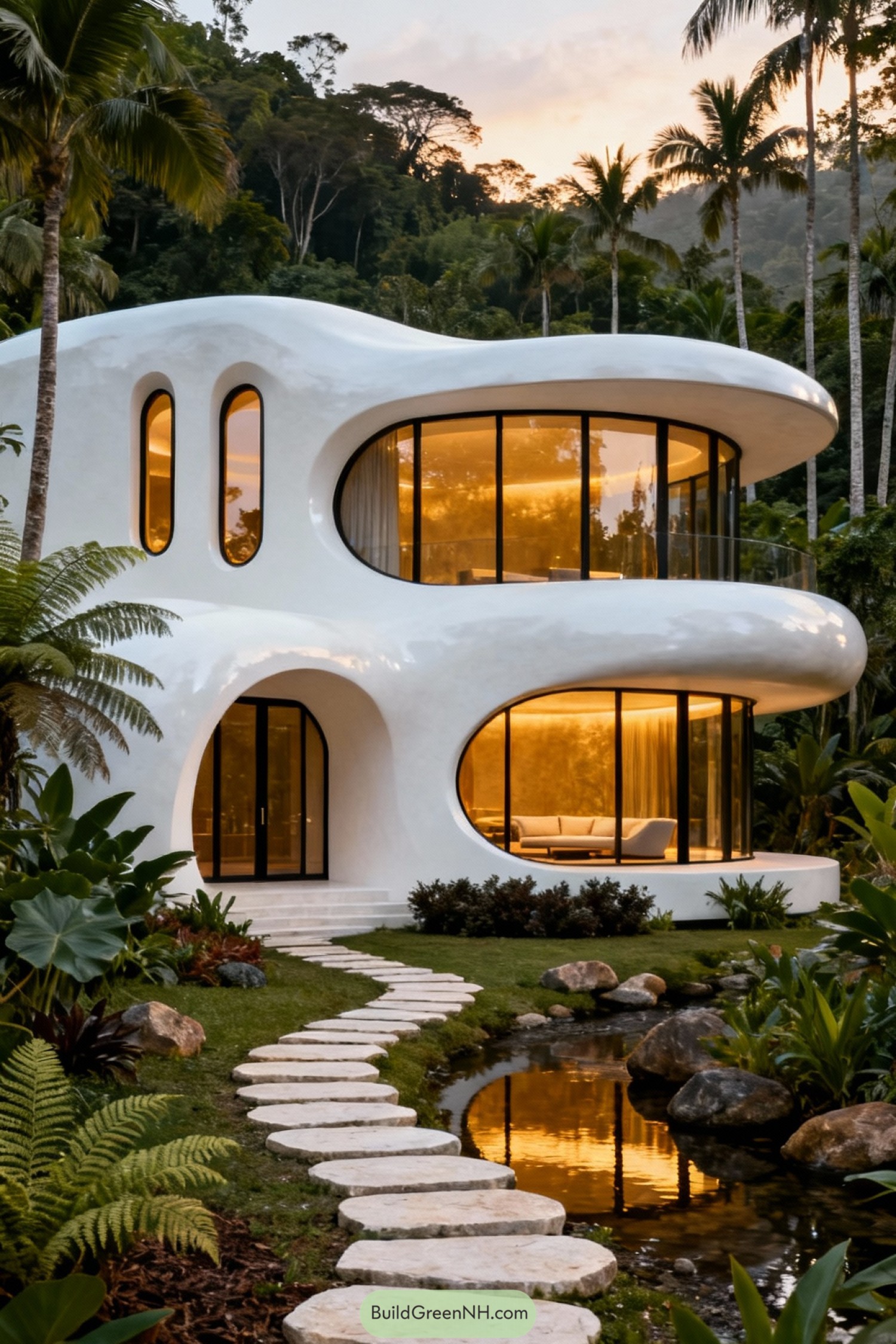 Futuristic white organic house by lush pond