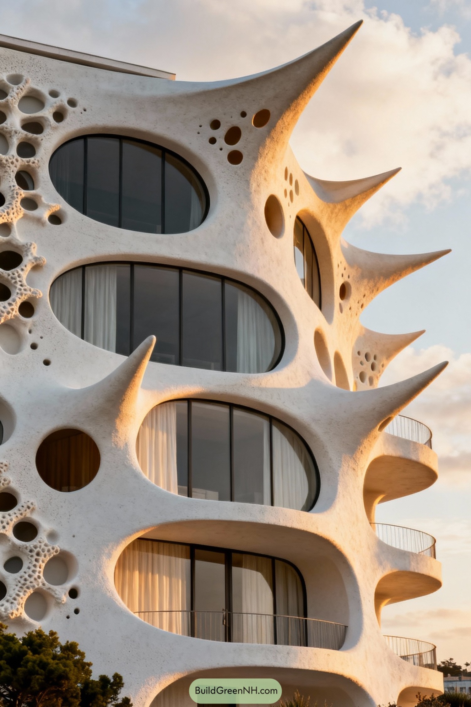 high-res photo of Organic Form Architecture house exterior, sculptural biomorphic facade with flowing white exoskeleton, smooth continuous surface pierced by irregular perforations and large rounded openings, overall futuristic organic style, color palette of matte warm white shell contrasted with dark gray-tinted glazing and soft neutral interior tones, multi-level curving structure with projecting horn-like extensions and recessed cavities giving a coral-reef and bone-like appearance, facade material expressed as seamless cast concrete or composite with fine texture, upper edges taper into pointed overhangs forming integrated shading fins, flat hidden roofline with minimal parapet implied behind the exoskeletal skin, expansive curved floor-to-ceiling windows with dark slim frames following the undulating geometry, no visible mullions on main glazing, subtle sheer curtains in light beige or white behind glass, no distinct front door visible on this elevation implying entry on a lower recessed level, continuous balconies and ledges carved into the shell beneath some openings, minimal outdoor railings kept behind the facade geometry, sparse landscaping at the base with a few green trees and shrubs partially visible, background showing soft cloudy sky at golden hour with warm side lighting emphasizing shadows in perforations and curves, calm urban or coastal edge context implied but not detailed, overall composition focused close-up on the upper facade with dramatic perspective looking upward. single real-life photo, high-resolution, architectural photography, soft lighting, cinematic composition, strictly no collages