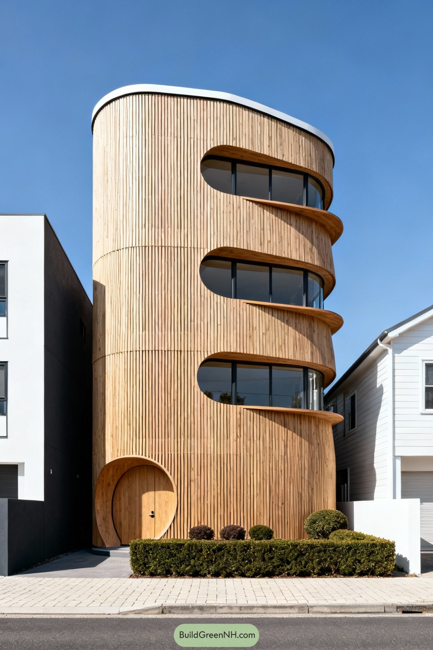 Curved timber clad townhouse with sculpted balcony cutouts and round entry door