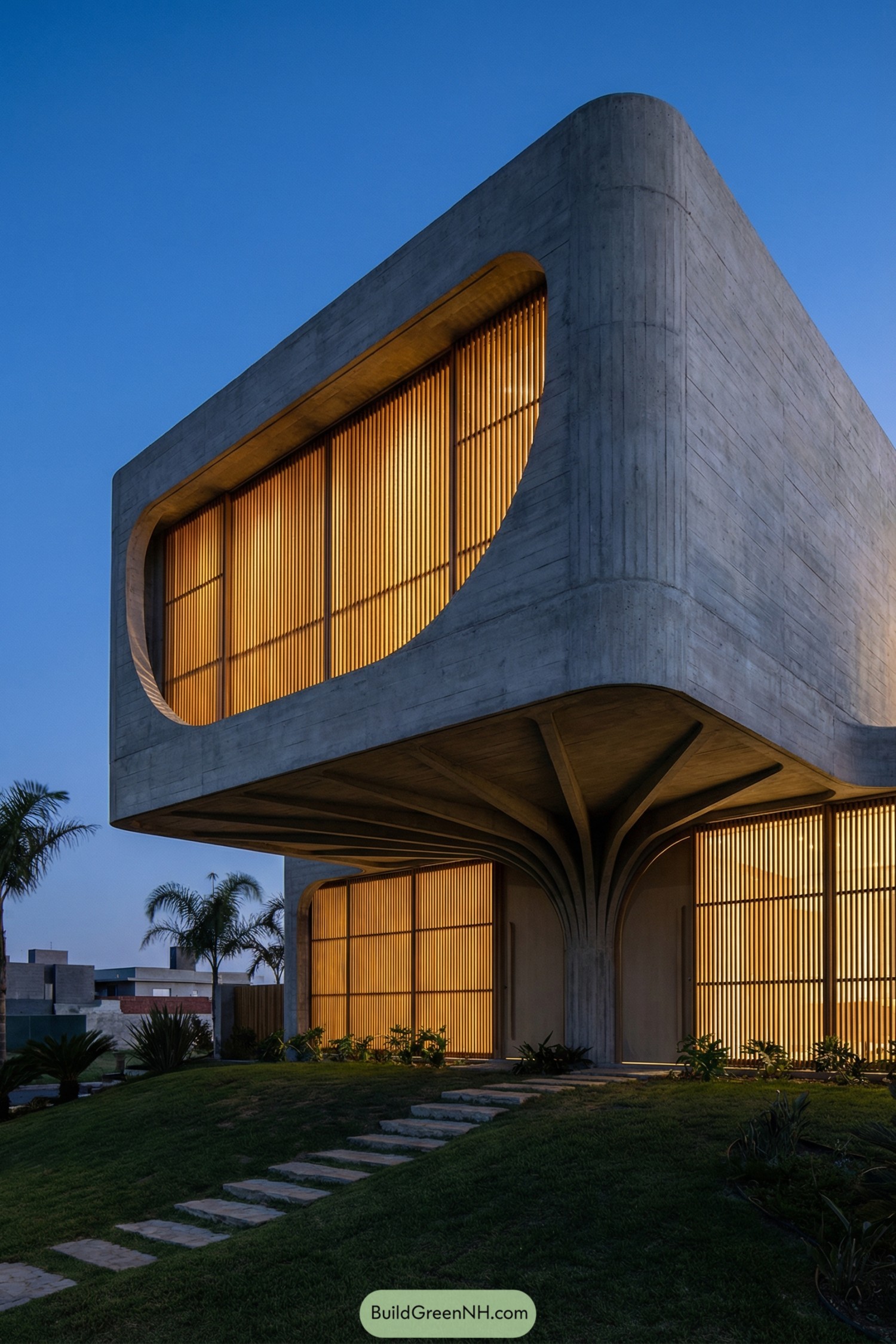 Concrete house with rounded forms and glowing vertical slatted windows at dusk