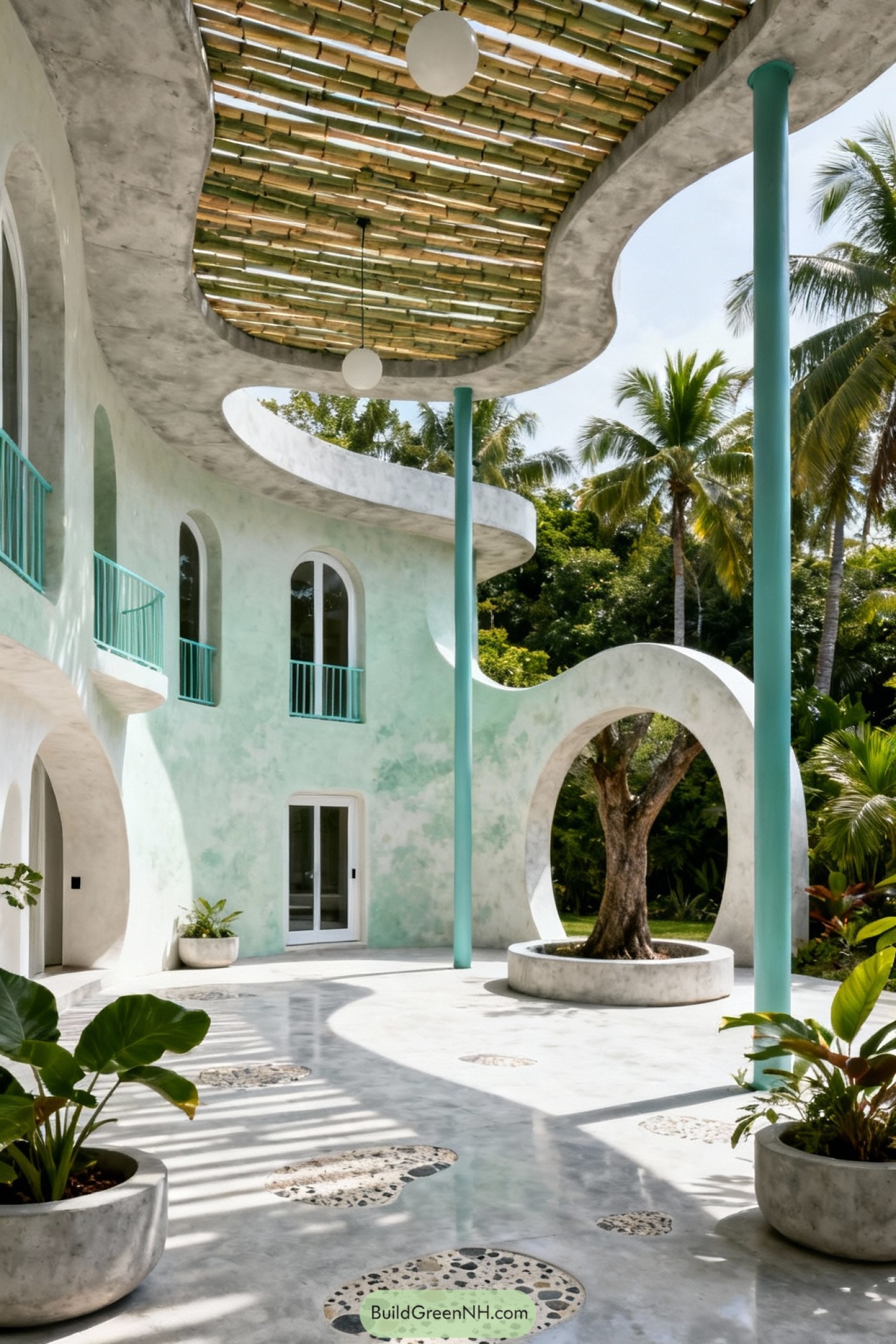 Curved tropical courtyard home with mint green walls bamboo canopy and central tree framed by sculptural concrete ring