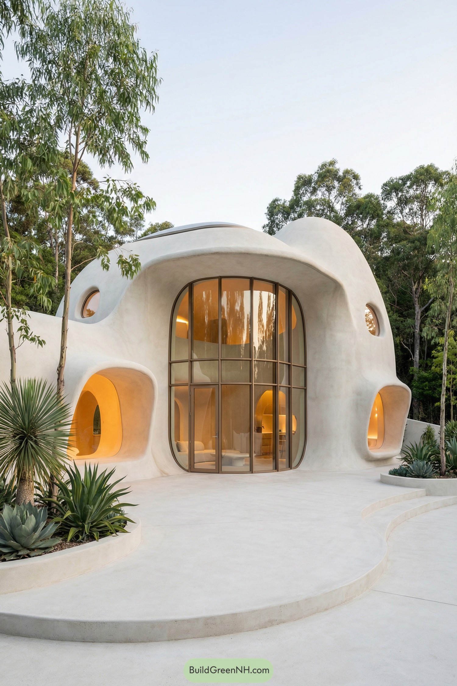 Organic white sculpted house with large rounded windows and curving terraces surrounded by trees