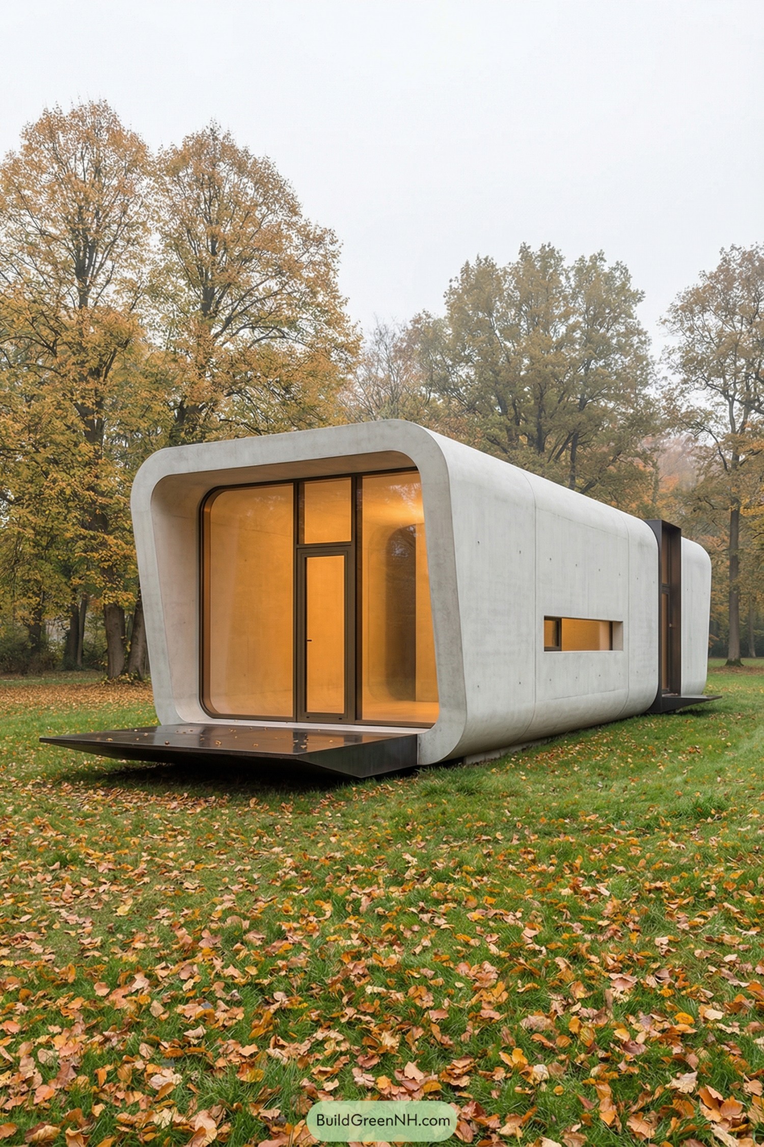 Concrete pod-shaped tiny house with rounded edges and large glass front set in an autumn forest