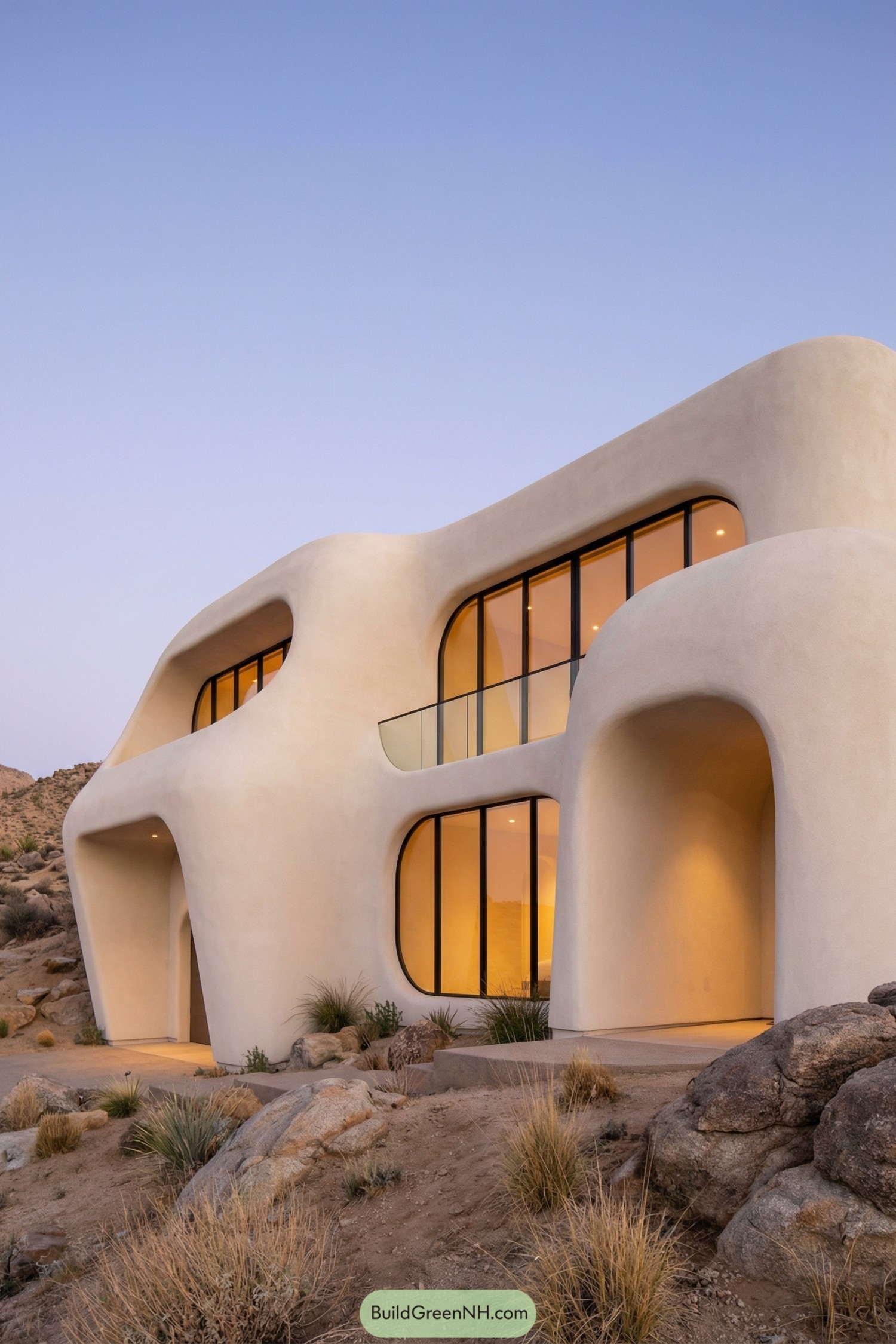 Organic cream colored desert house with soft rounded forms and tall tinted windows