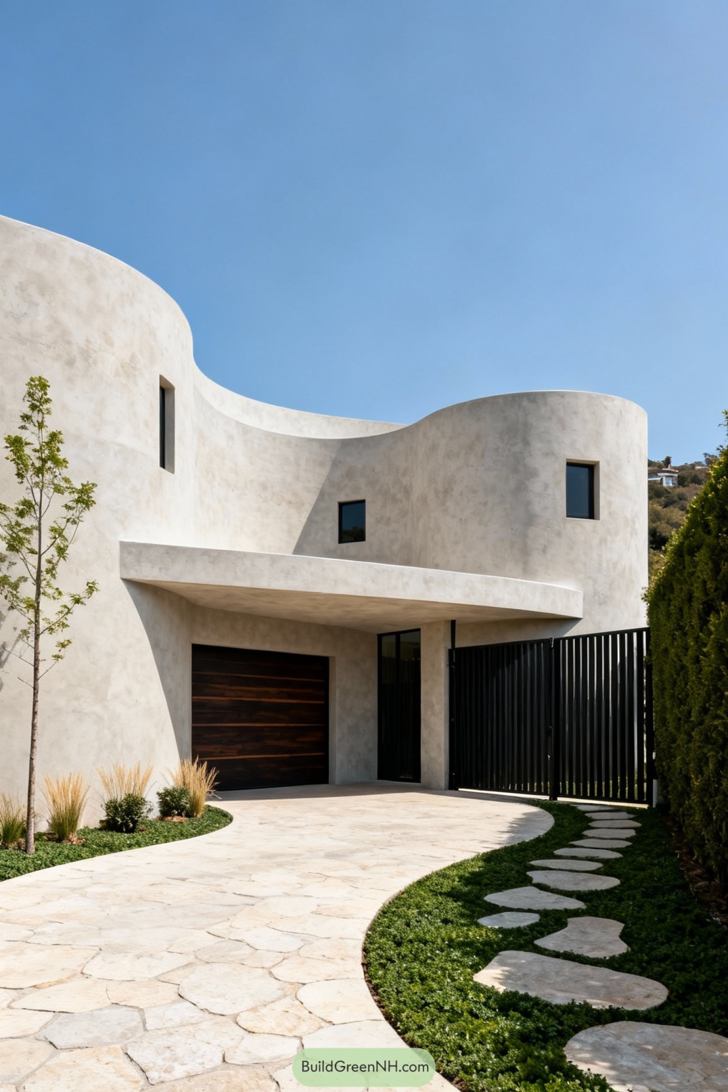 Curved stucco house with flowing stone drive