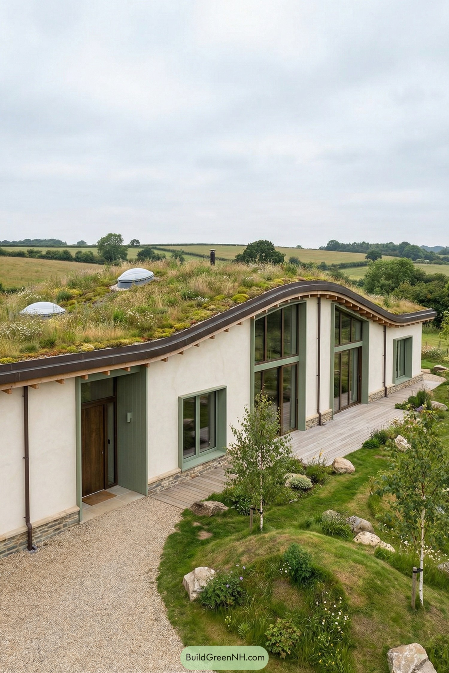 Single story country home with curving planted roof and large windows