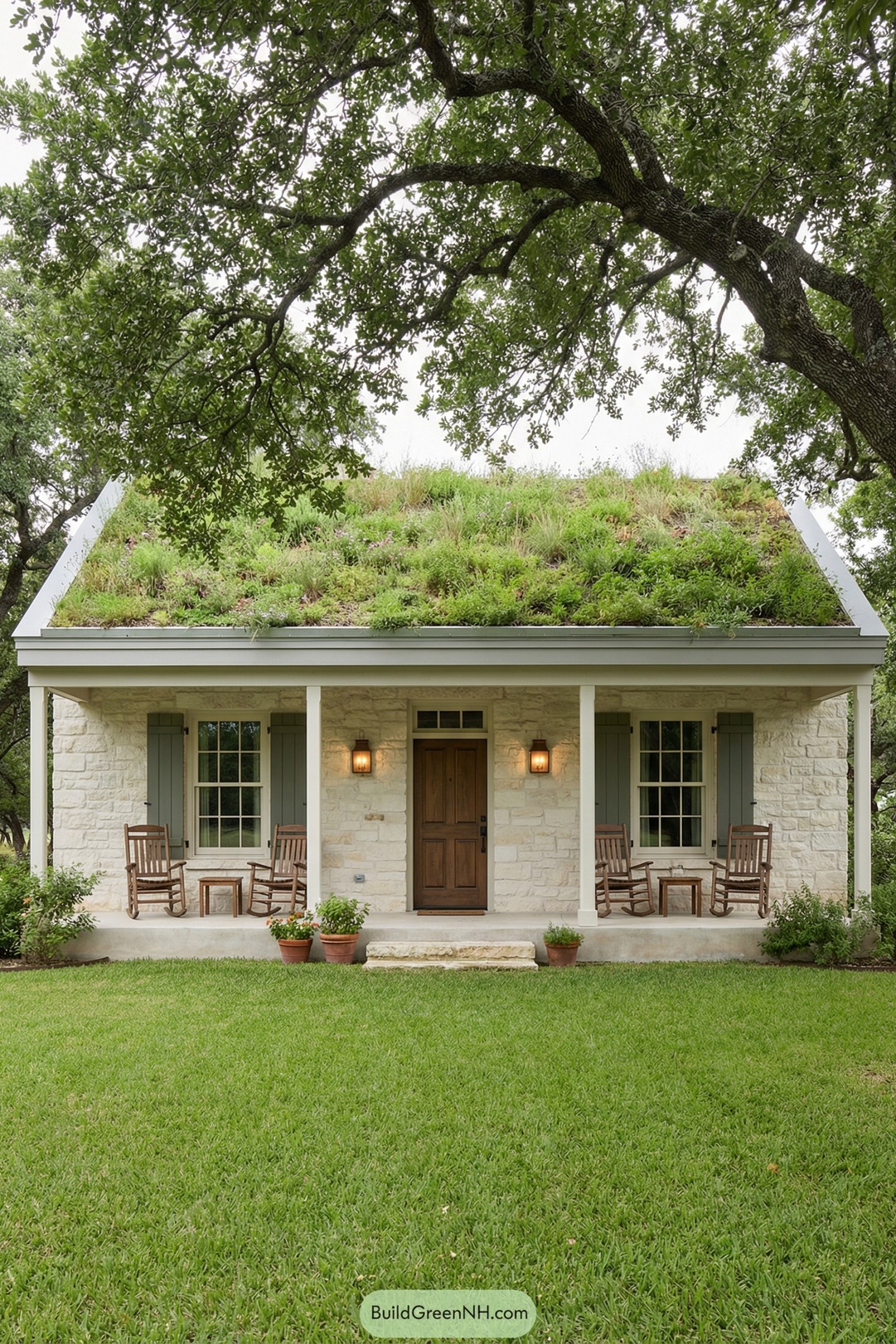 Small stone cottage with a lush planted green roof and a front porch lined with rocking chairs