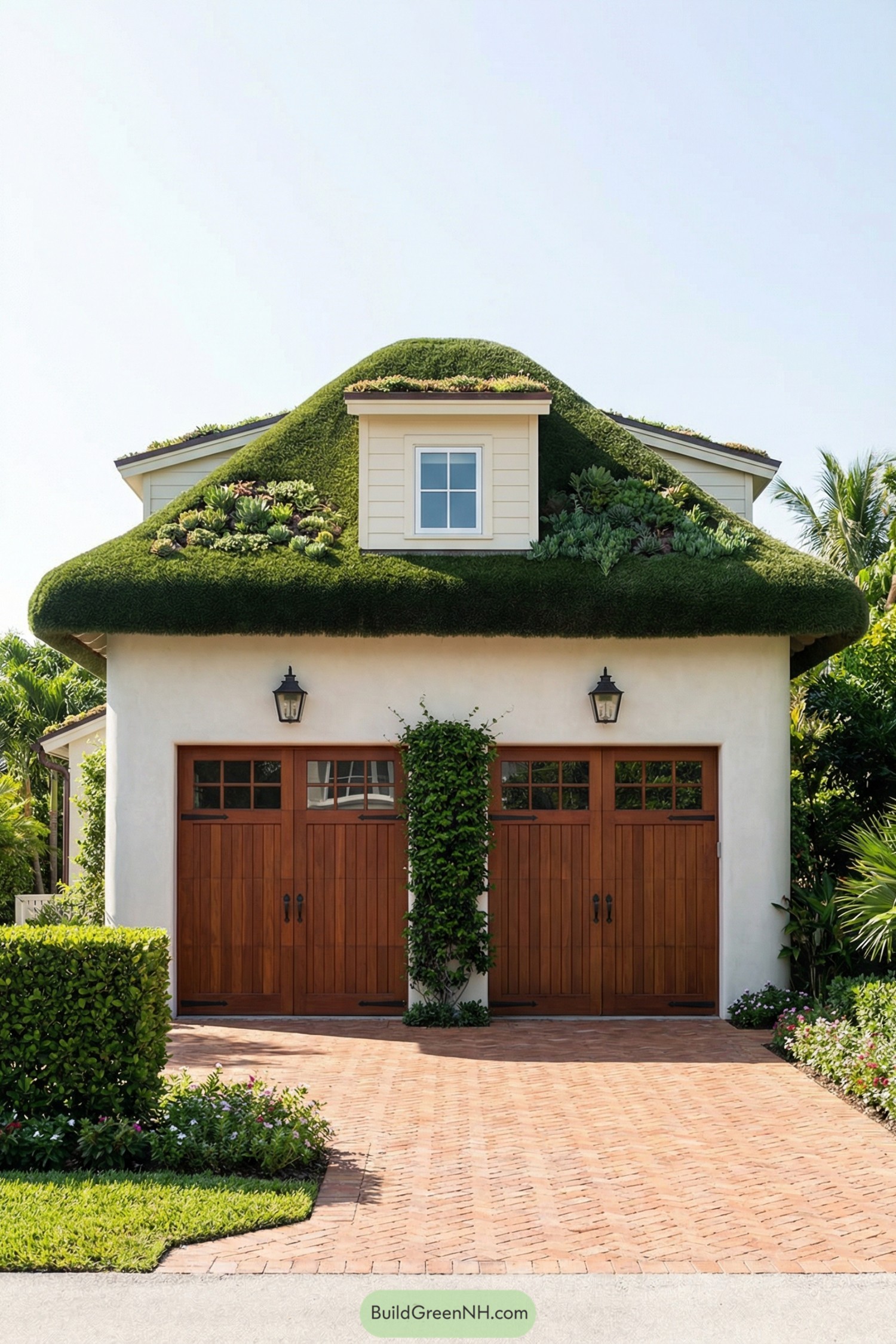 Green roof cottage style garage with dormer window and wood doors