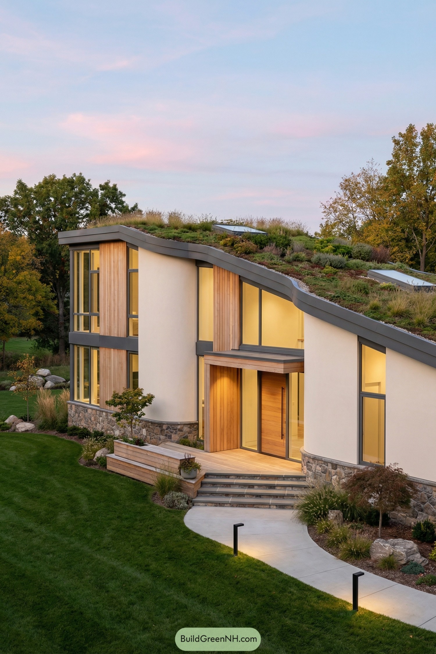Modern house with sloping planted green roof and tall windows at dusk