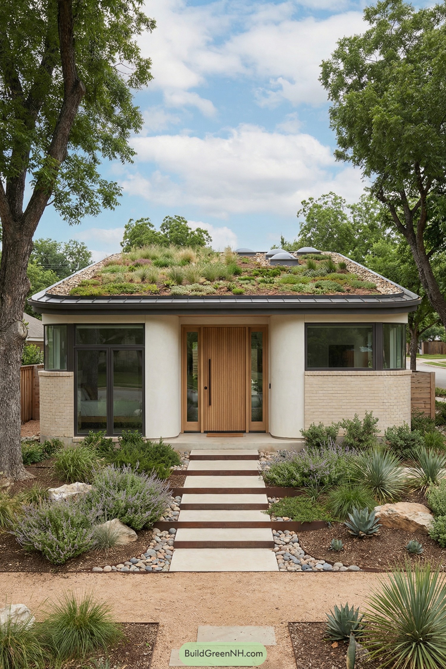 Single story home with a planted living roof and modern entry path