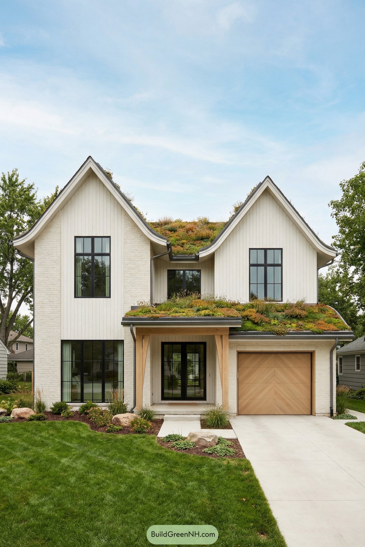 Modern gabled house with planted green roof