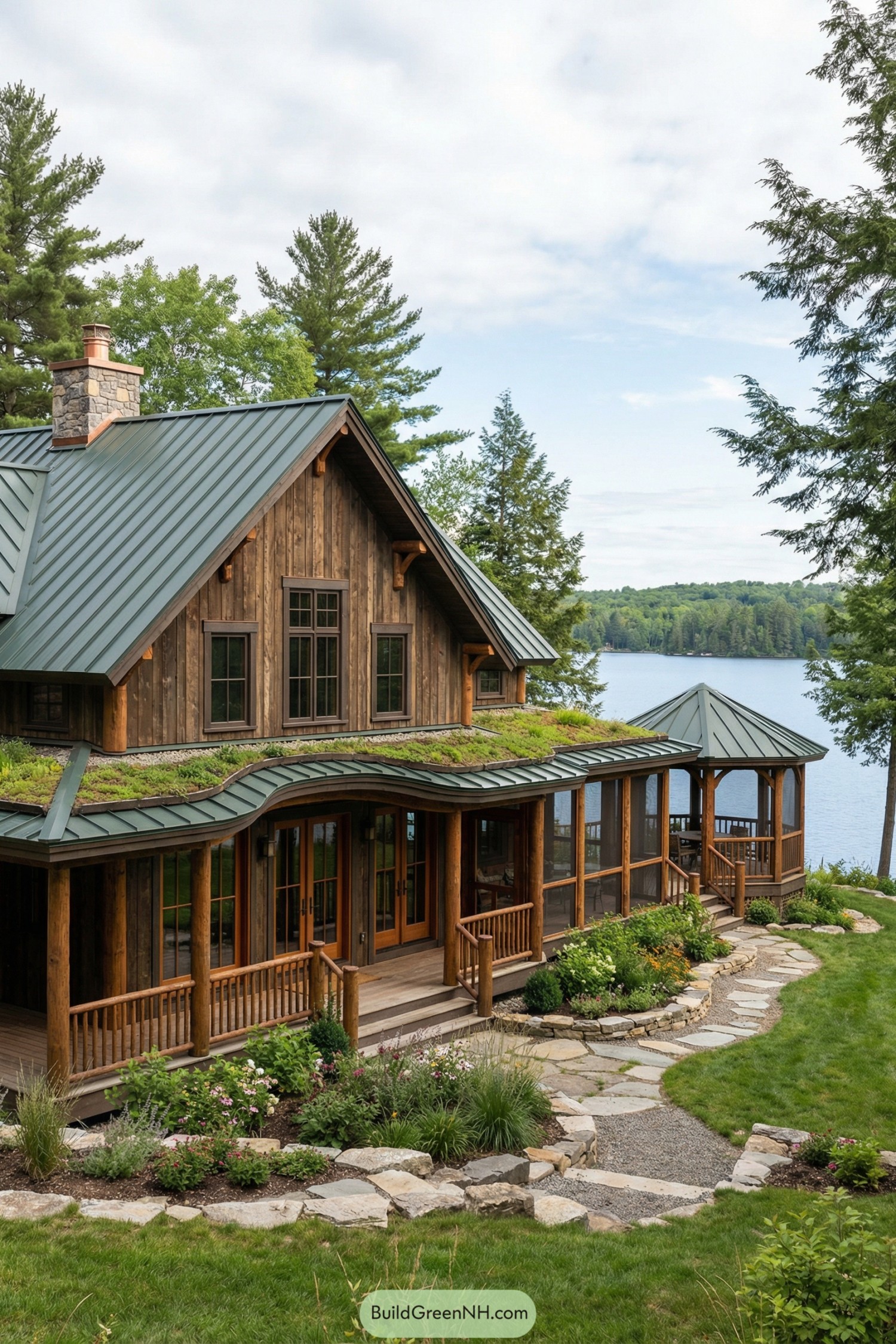 Wood cabin with metal and planted roof overlooking a lakeside garden path