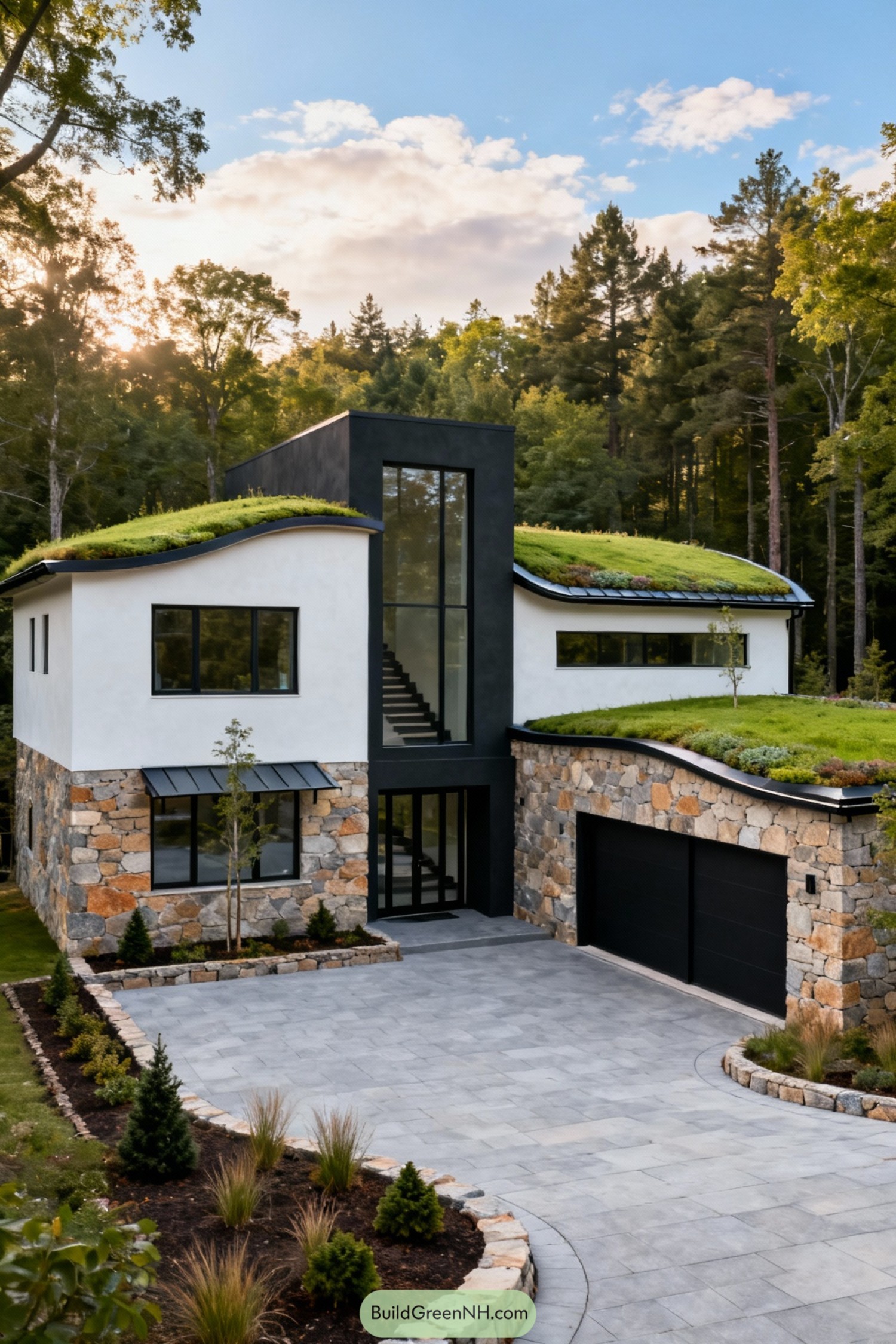 Modern two story home with curving green roofs and stone exterior set against a forest backdrop
