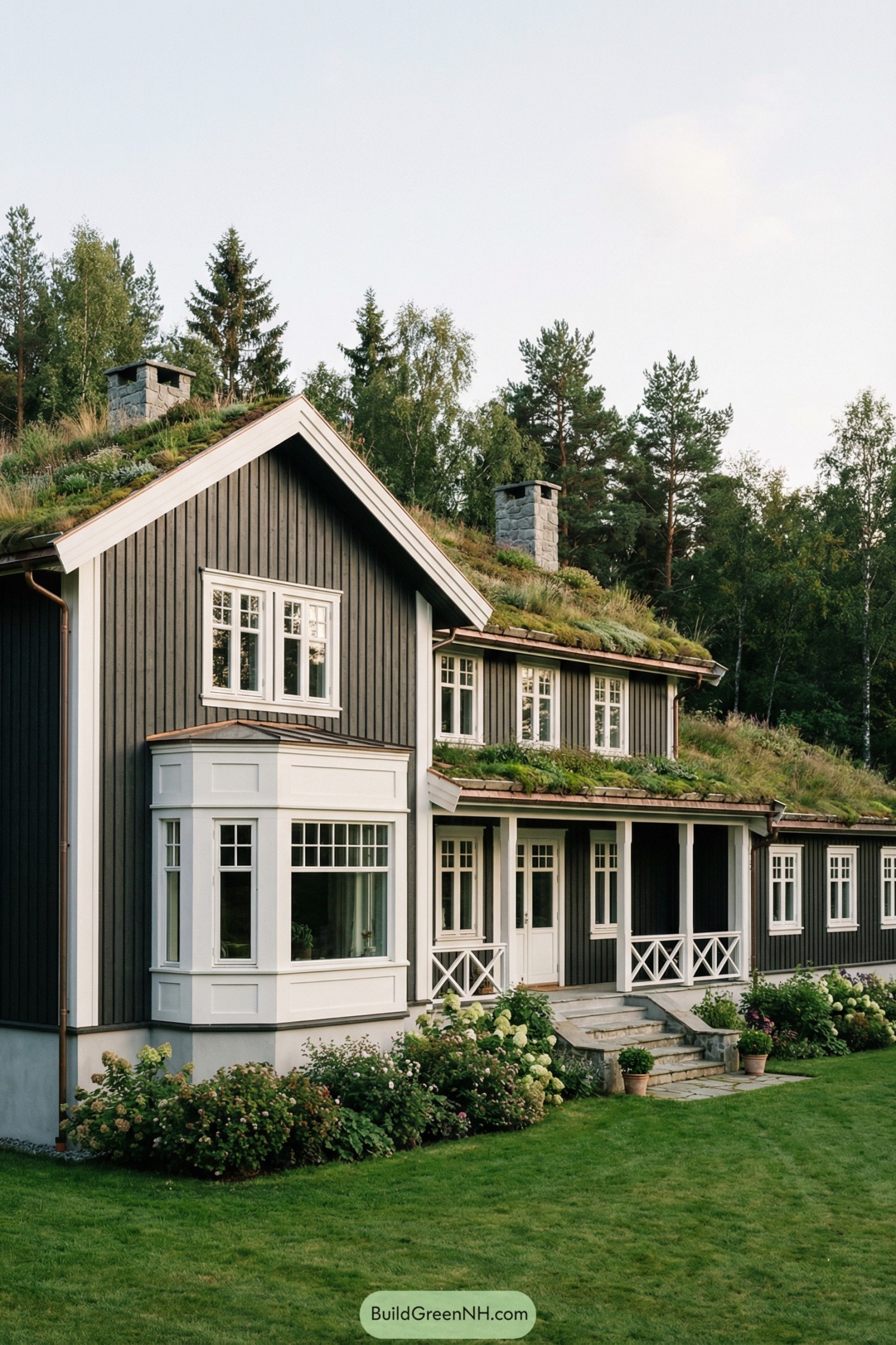 Dark wood country house with lush green living roof surrounded by trees and garden