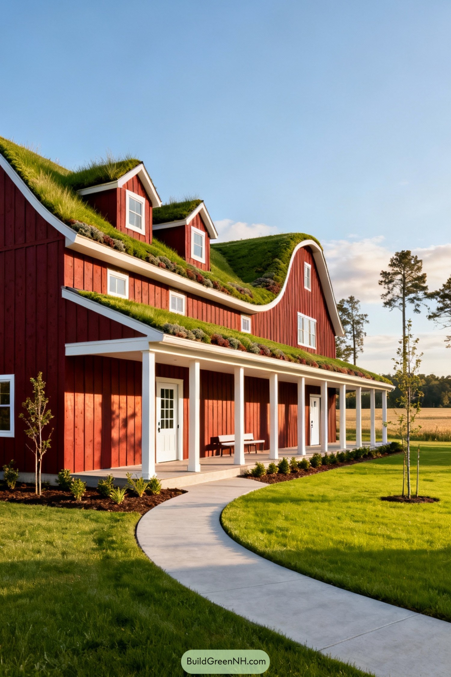 Red barn style farmhouse with lush grass roof and long white porch