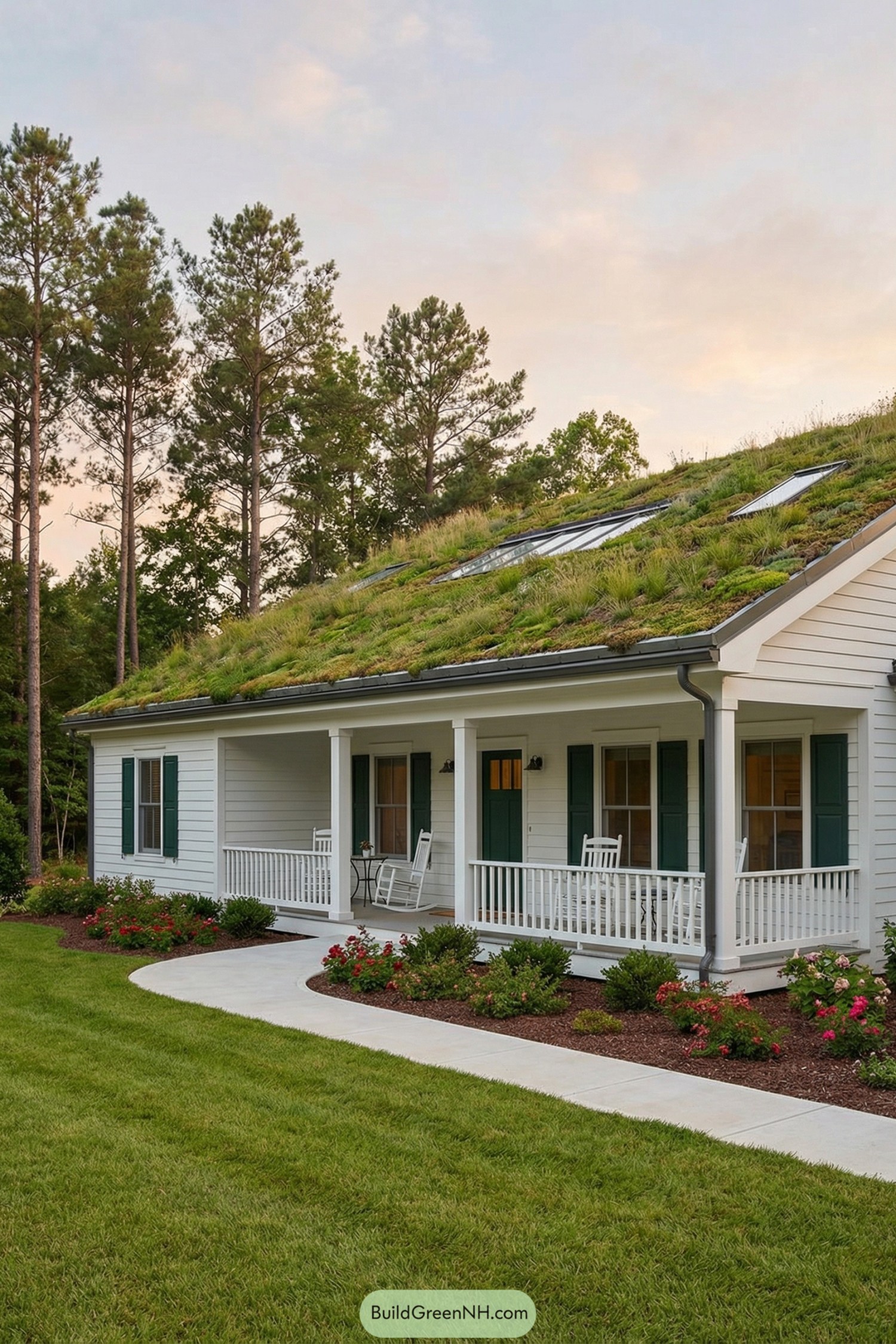 White cottage with full green roof and front porch