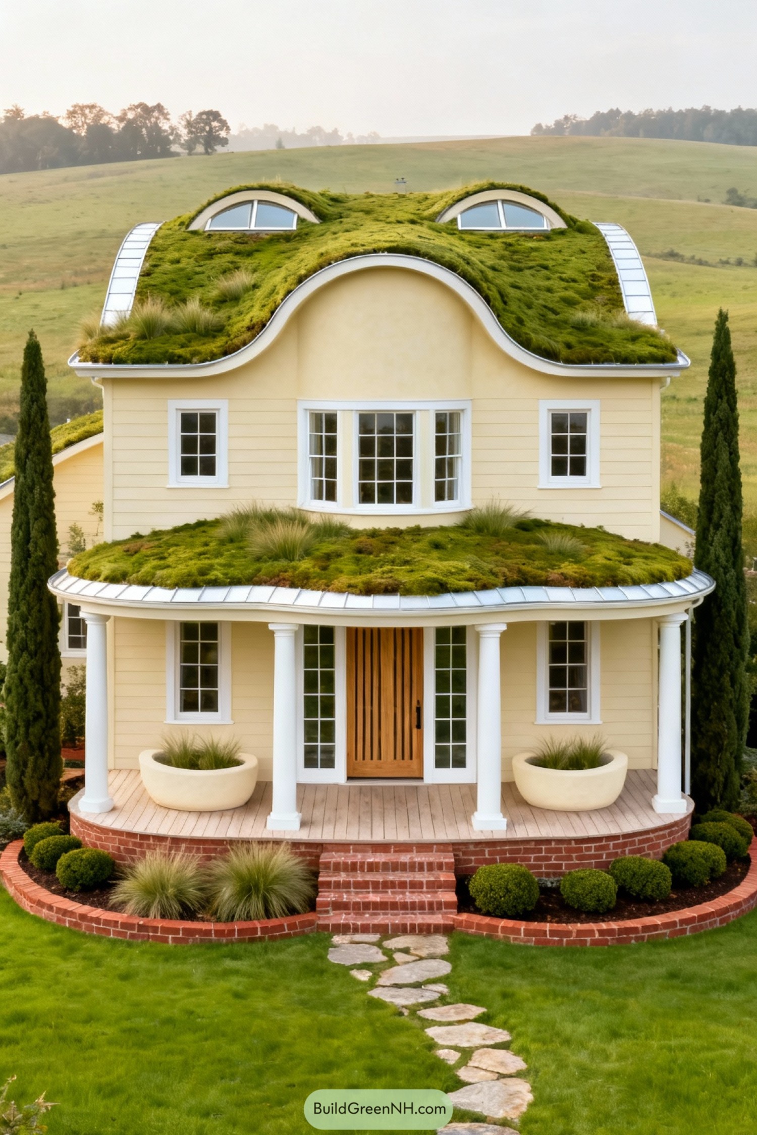 Yellow two story home with lush grass roof and curved porch
