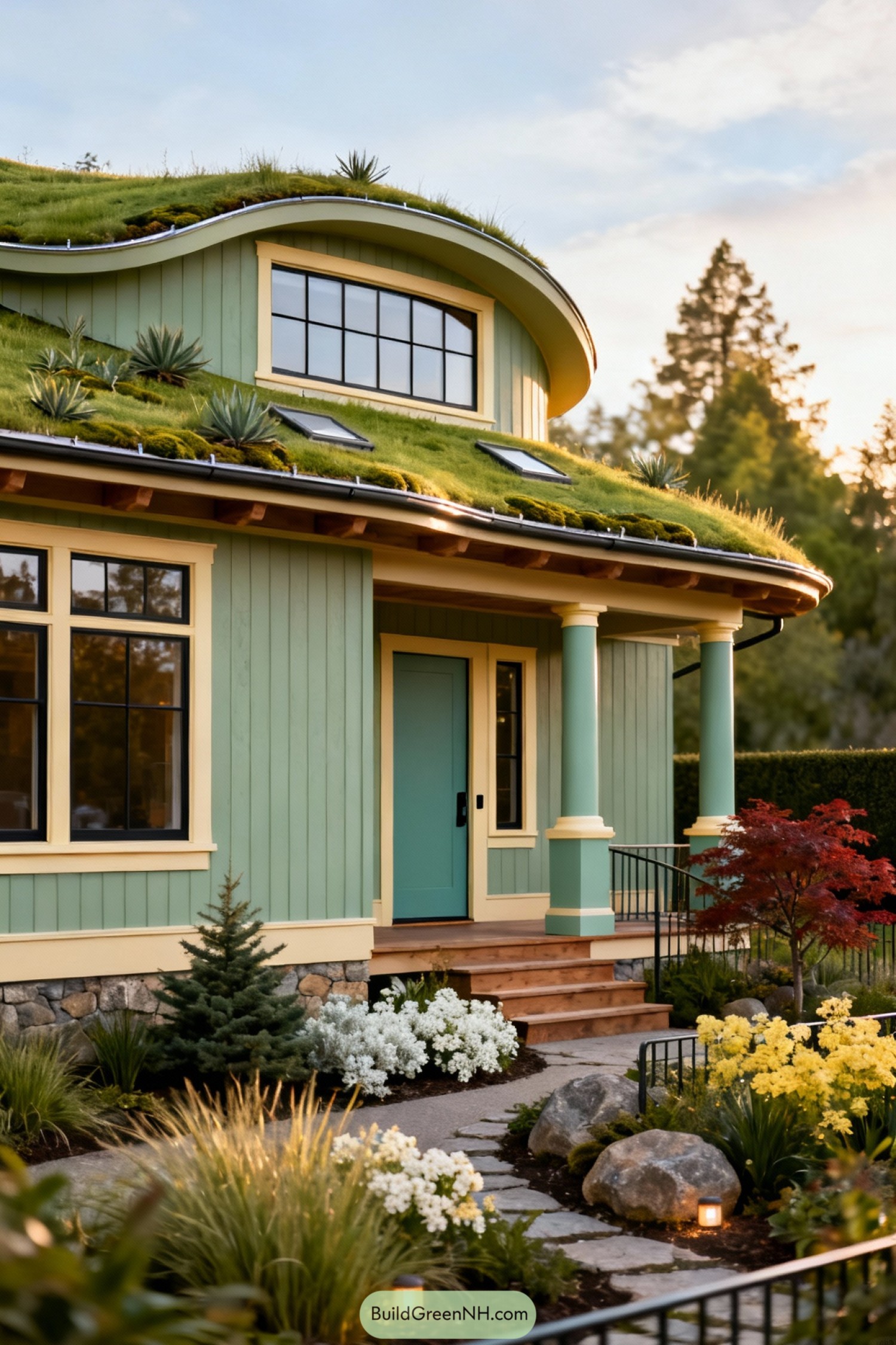 Mint green cottage with curved planted grass roof and colorful garden