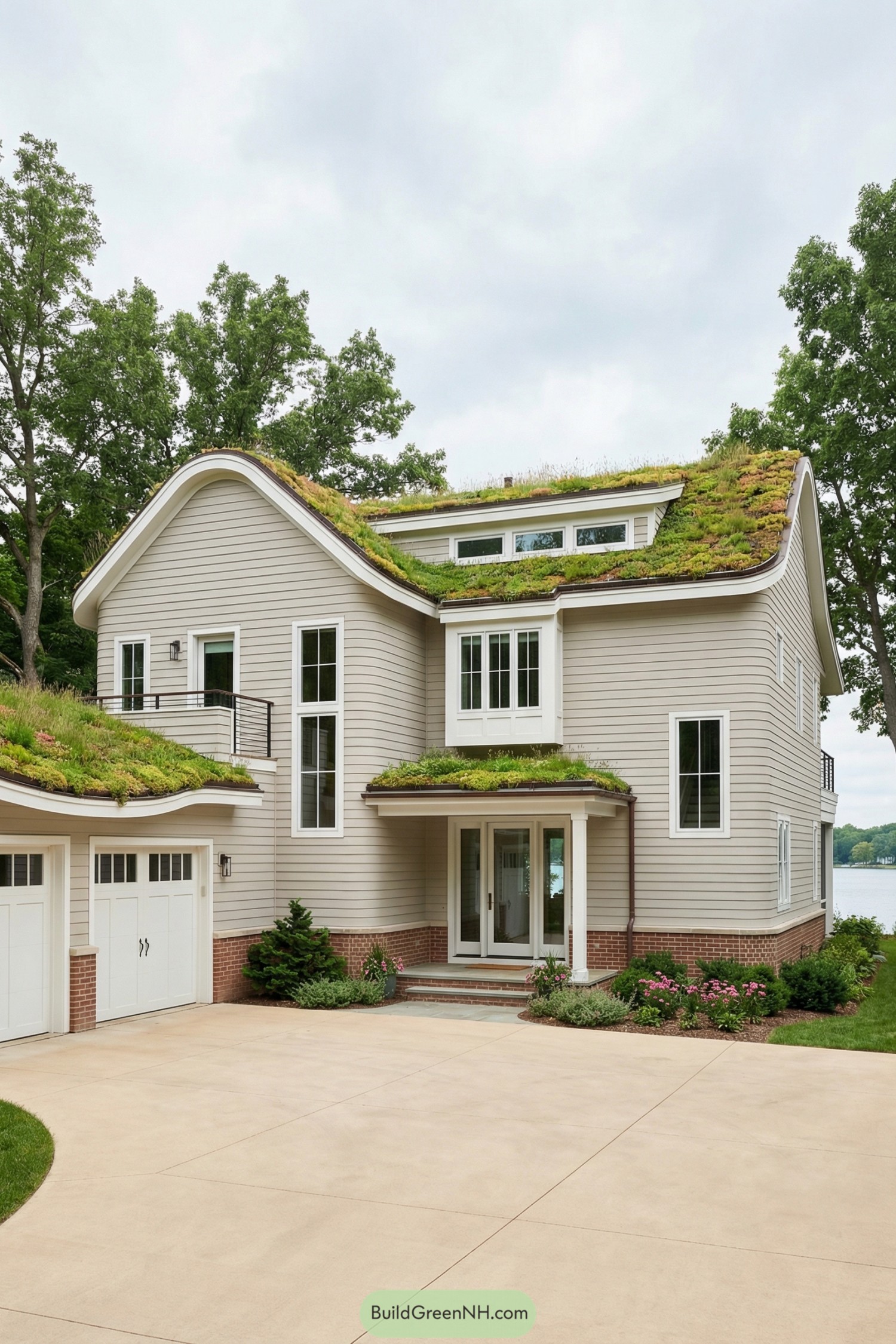 Cream siding house with curved living roof and lakeside backdrop