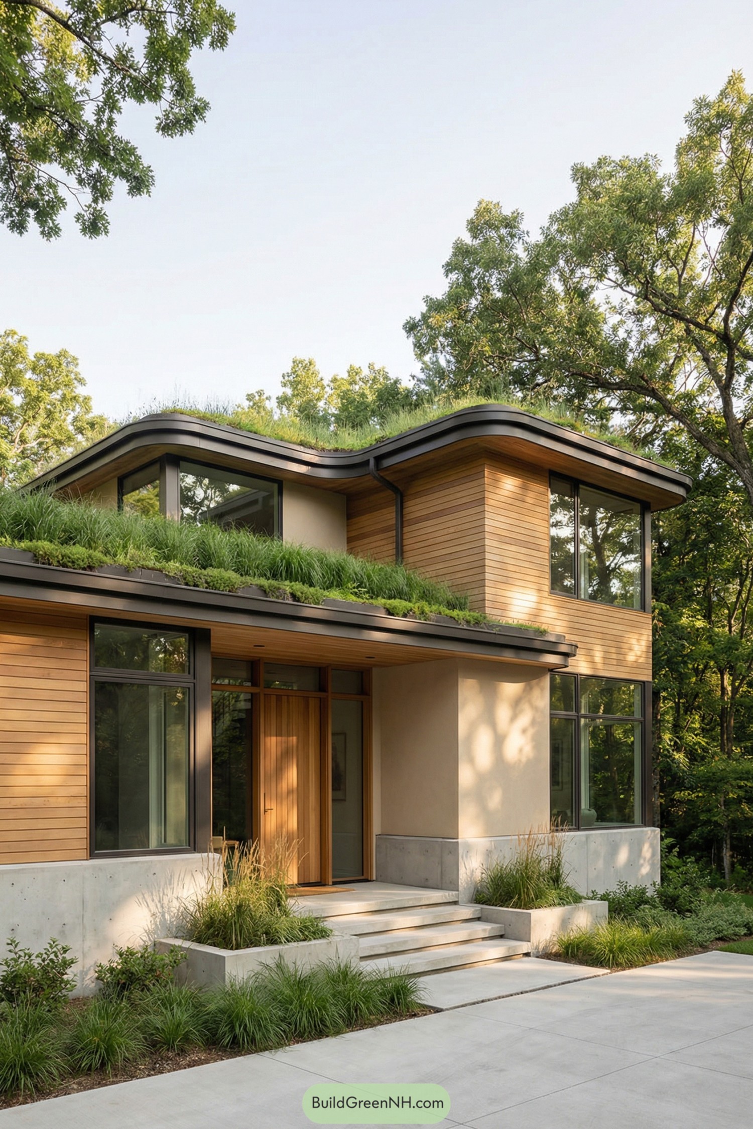 Modern two story wood and concrete home with flowing grass covered roof surrounded by trees