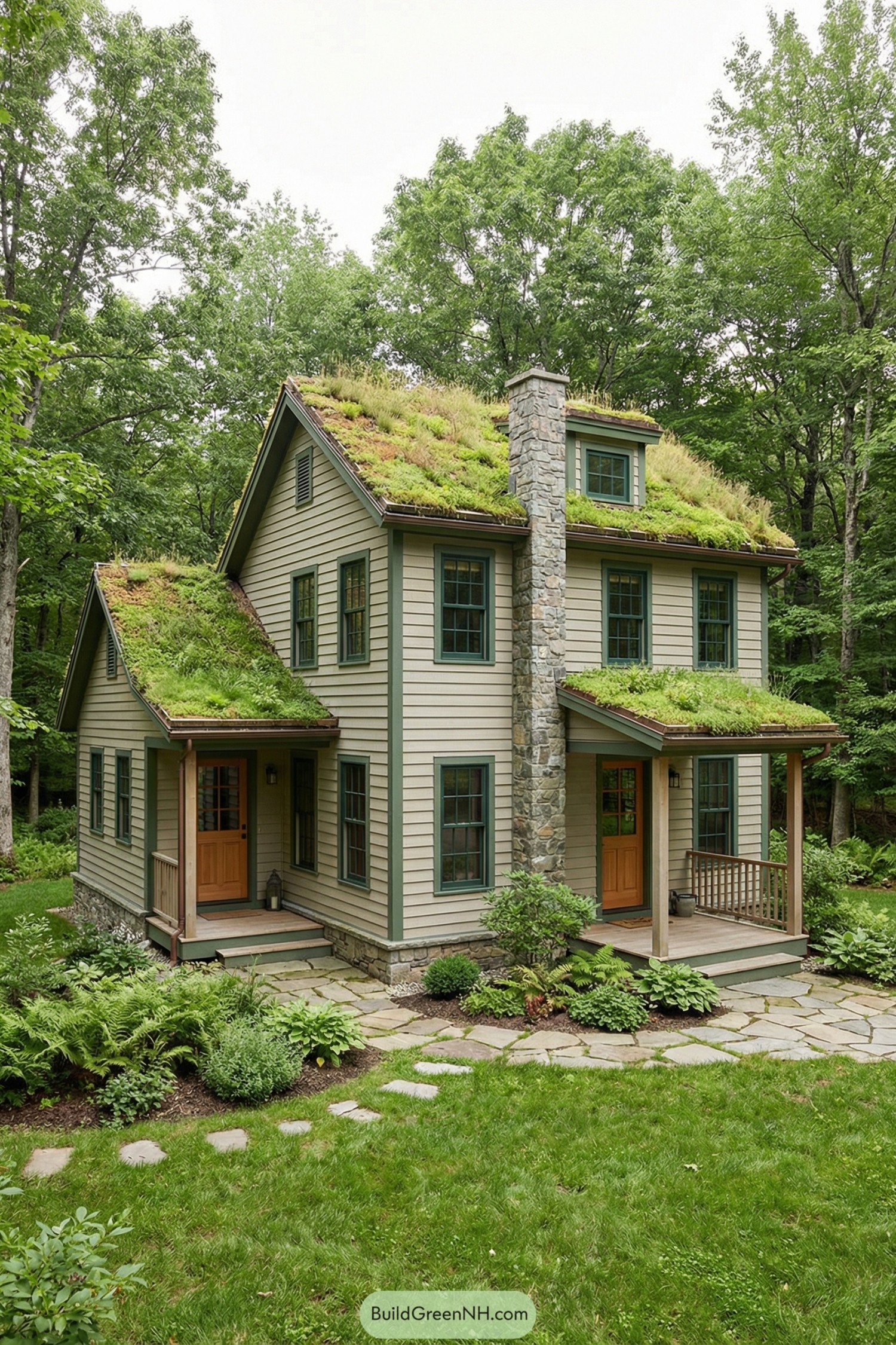 Cozy two story woodland house with layered green roof and stone chimney surrounded by lush garden