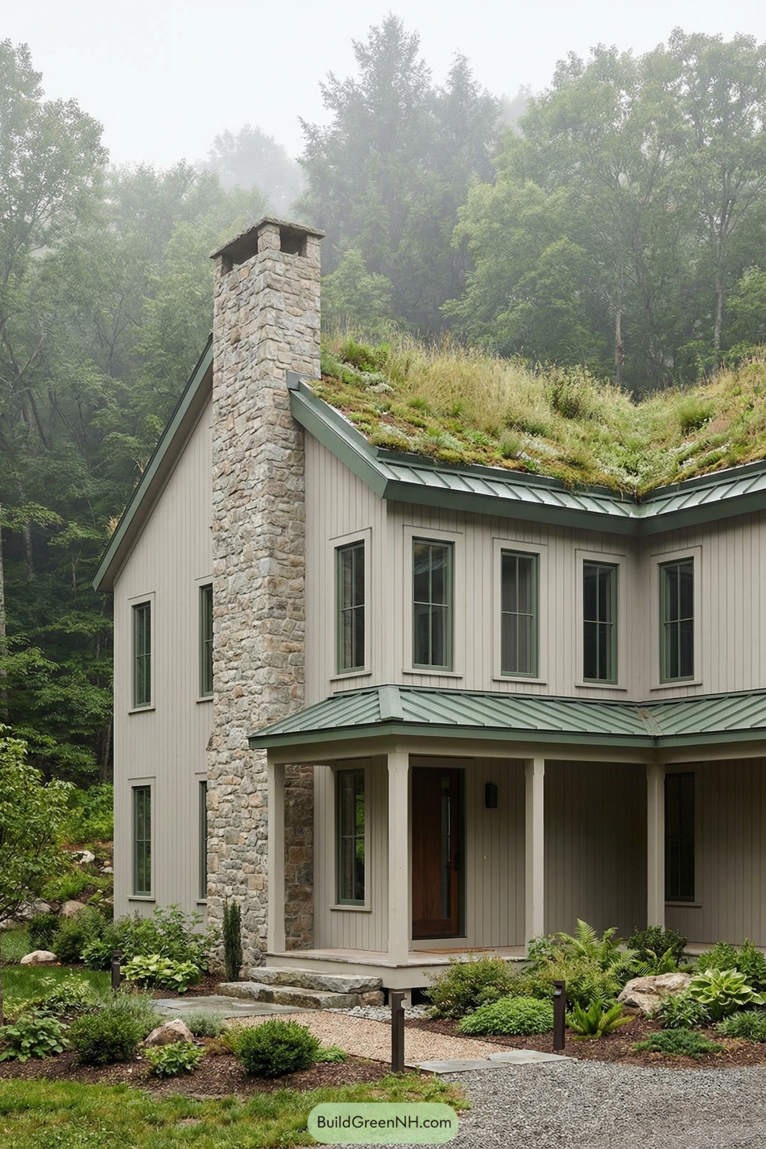 Two story farmhouse with stone chimney and grass covered green roof nestled by a forest