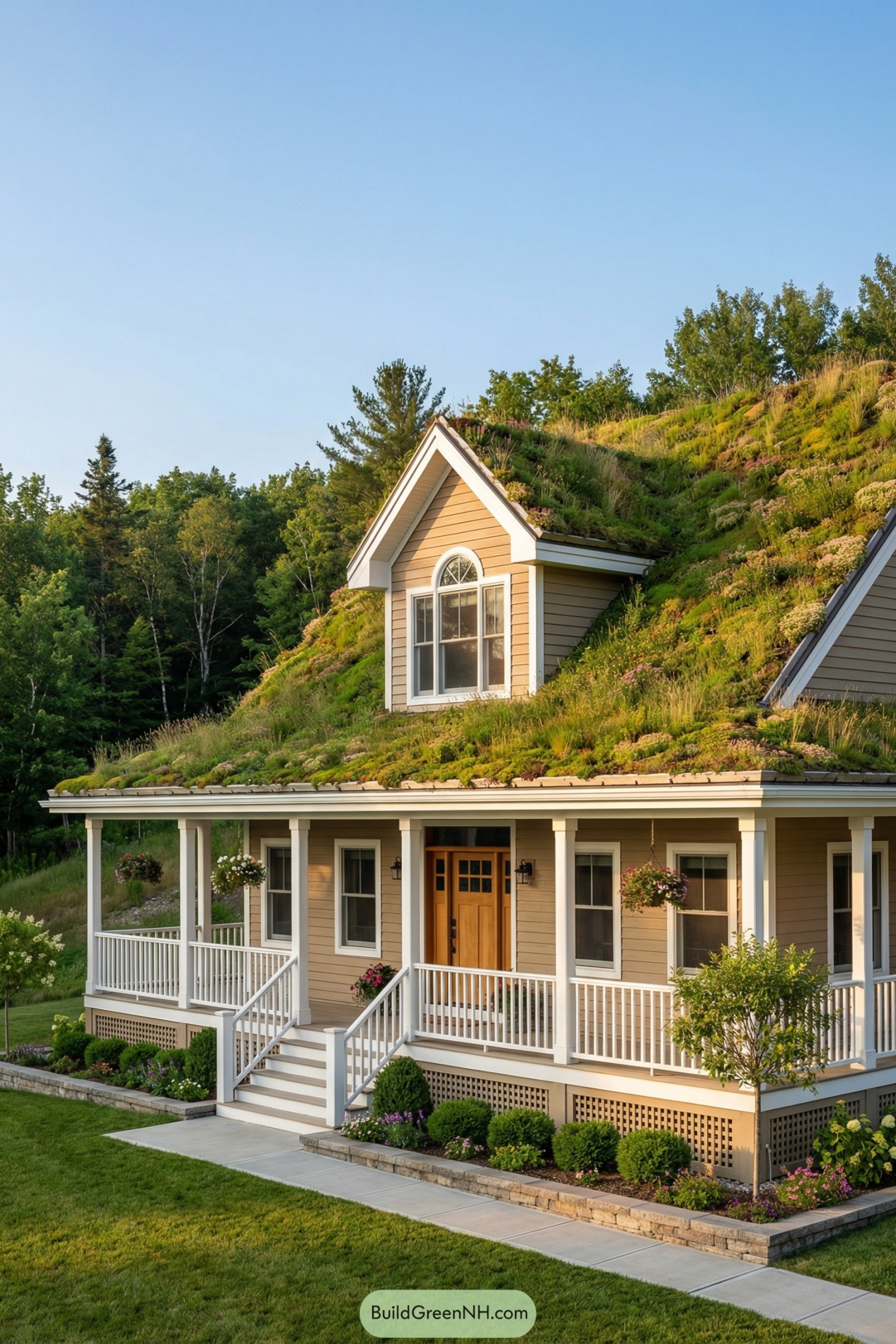 Cozy tan cottage with wraparound porch and lush planted green roof nestled by trees