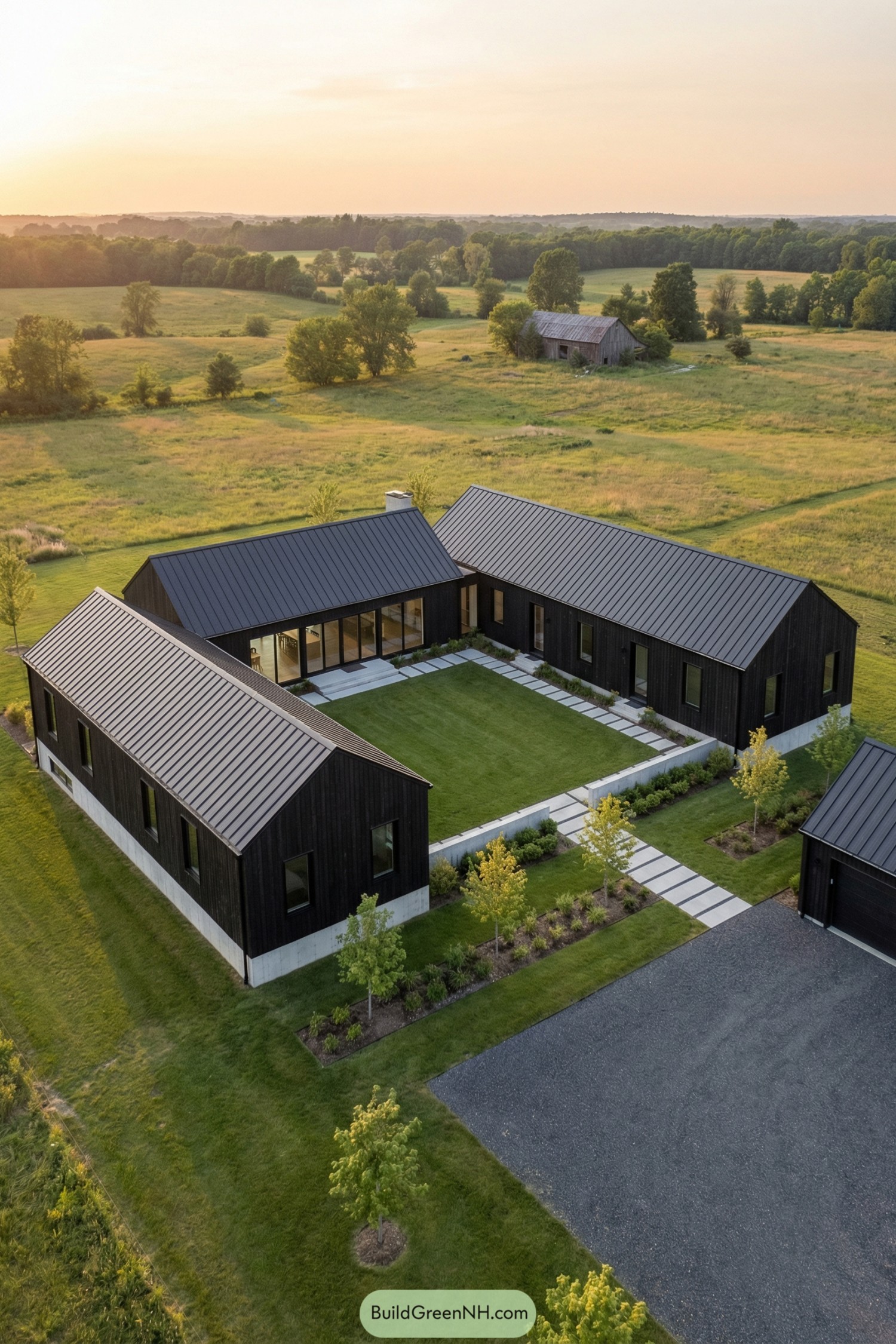 Modern black U shaped farmhouse with central lawn courtyard in open countryside