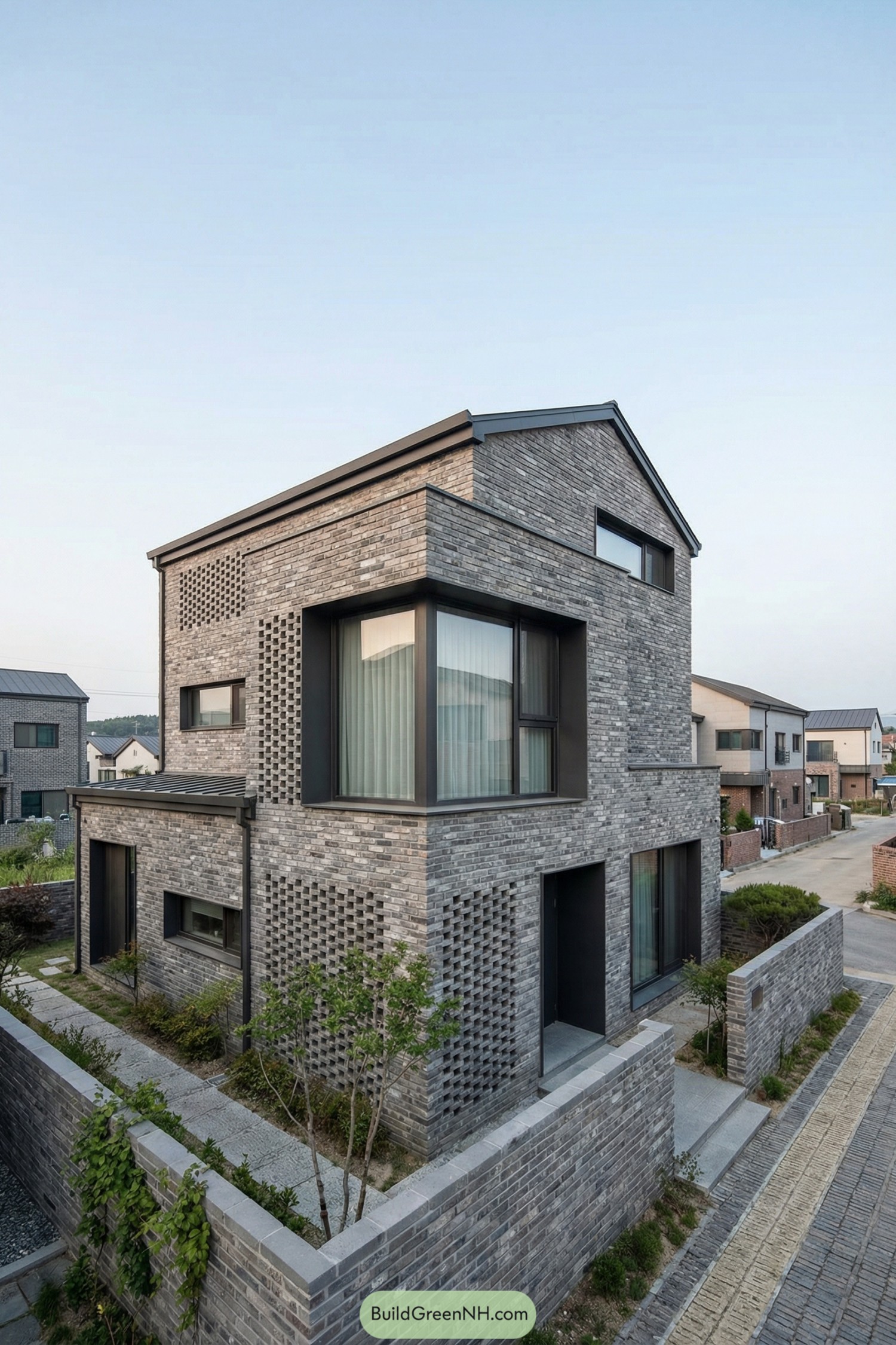 Two story modern brick house with large windows and perforated brick walls
