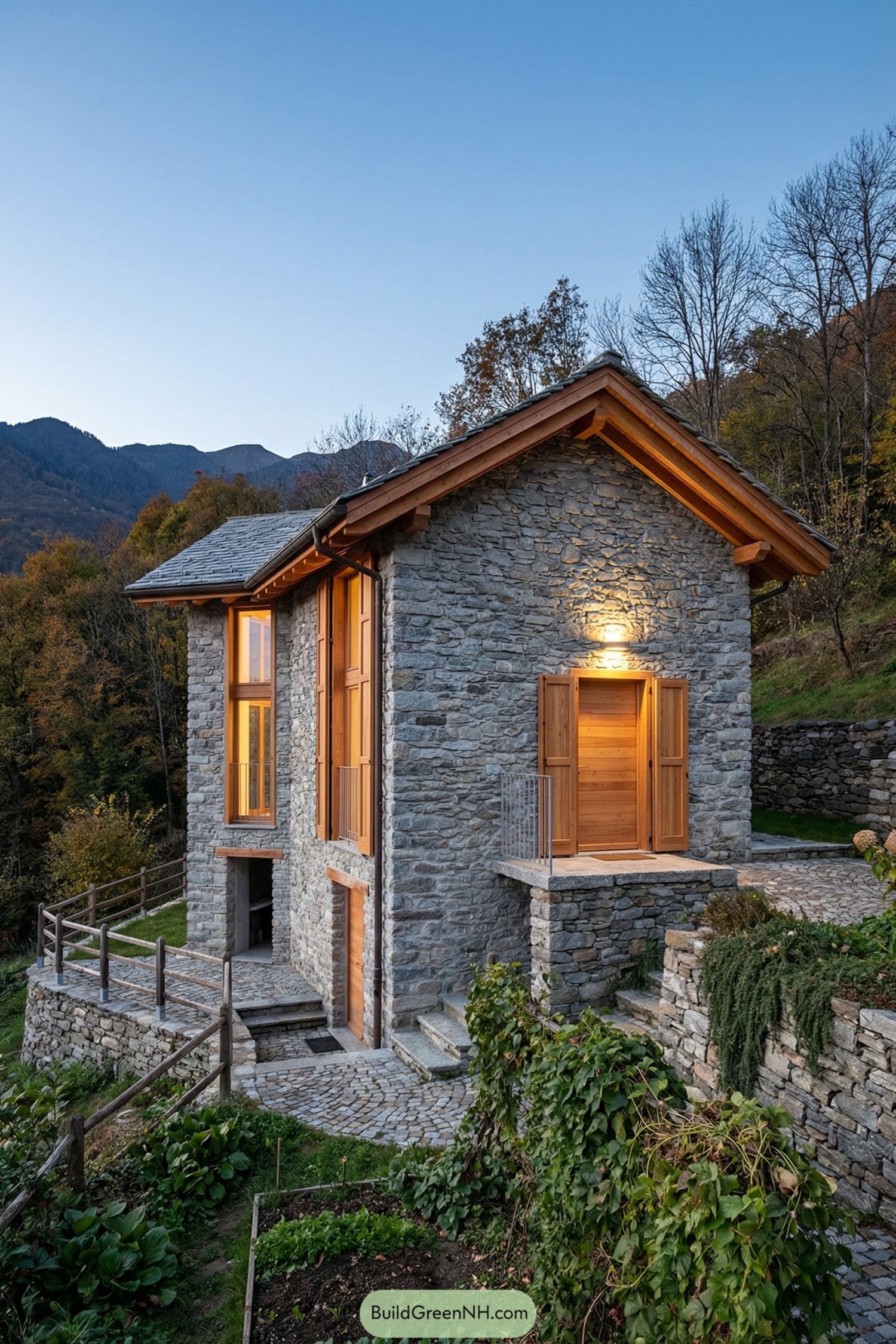 Cozy two-story stone cottage with warm wood accents on a terraced hillside