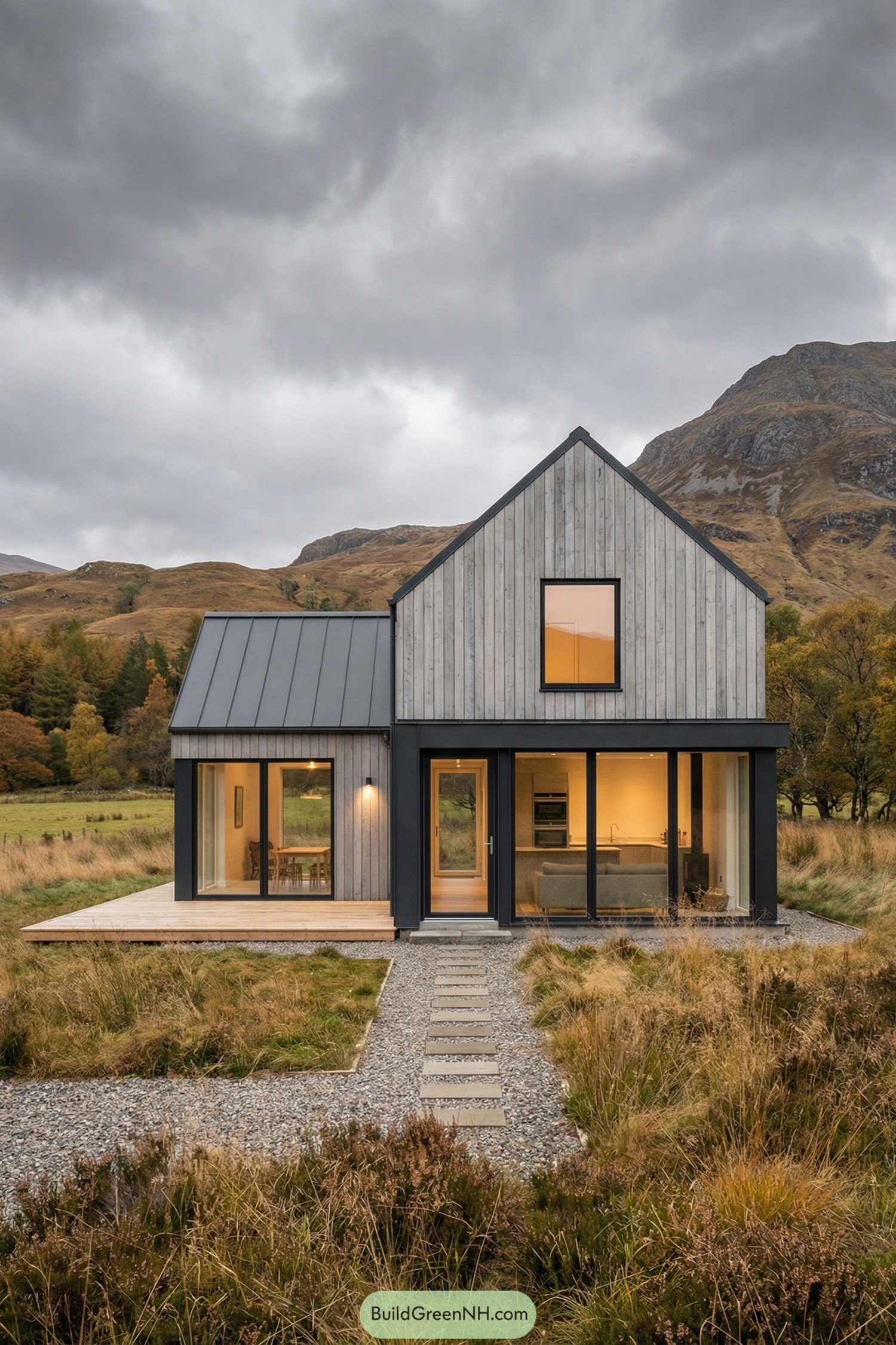 Modern gabled cabin with pale timber cladding and large windows in a grassy mountain valley