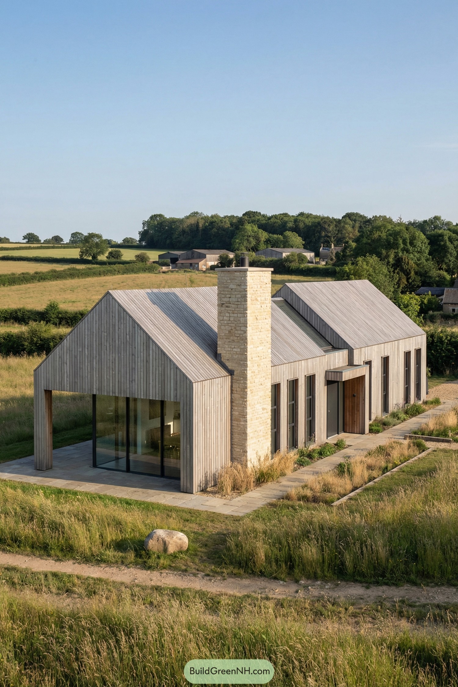 high-res photo of rural village modern house, contemporary barn-like facade with clean lines and simple geometry, elongated one-storey volume composed of staggered gabled blocks, exterior fully clad in vertical light-grey weathered timber slats, central tall rectangular chimney in light rough-cut stone, muted natural color palette of pale greys, beige stone and dark window frames, steep symmetrical pitched roofs following the gabled forms and wrapped in the same vertical timber cladding, large floor-to-ceiling sliding glass wall under the left gable opening to a recessed covered bay, narrow vertical rectangular windows with dark metal frames rhythmically spaced along the right wing, minimal dark-framed entrance door recessed in a timber portal, simple paved edge and small planted strip around the house, foreground with sloping meadow of tall wild grasses and a narrow earth path with a single large rounded stone, background of rolling countryside fields, hedgerows and dense tree lines with scattered distant farm buildings under a clear blue sky, real-life photo, high-resolution, architectural photography, soft lighting, cinematic composition.