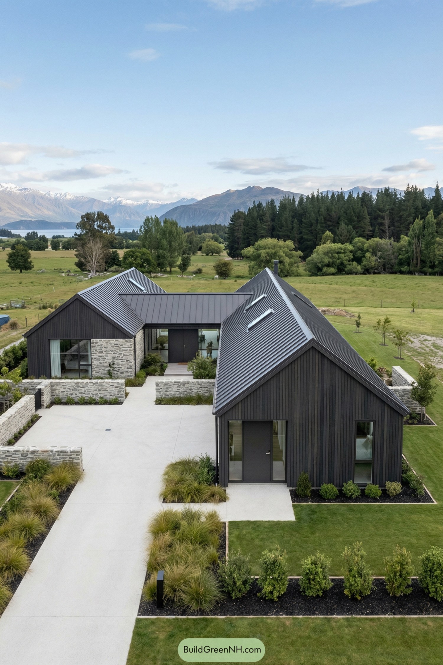 Modern dark timber and stone farmhouse with twin gabled wings framing a central courtyard in open countryside
