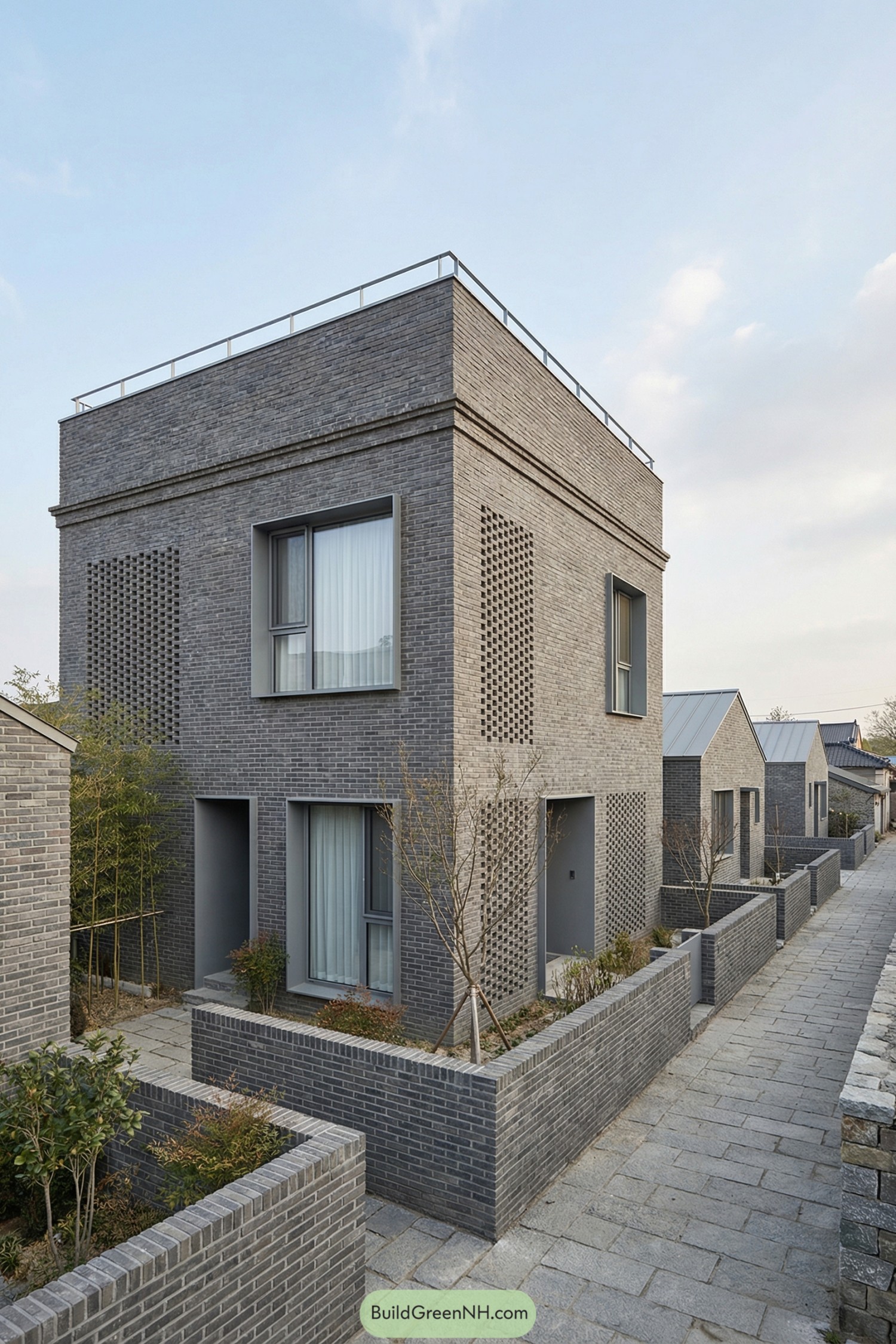 Two story gray brick village house with perforated brick screens and slim framed windows along a narrow stone lane