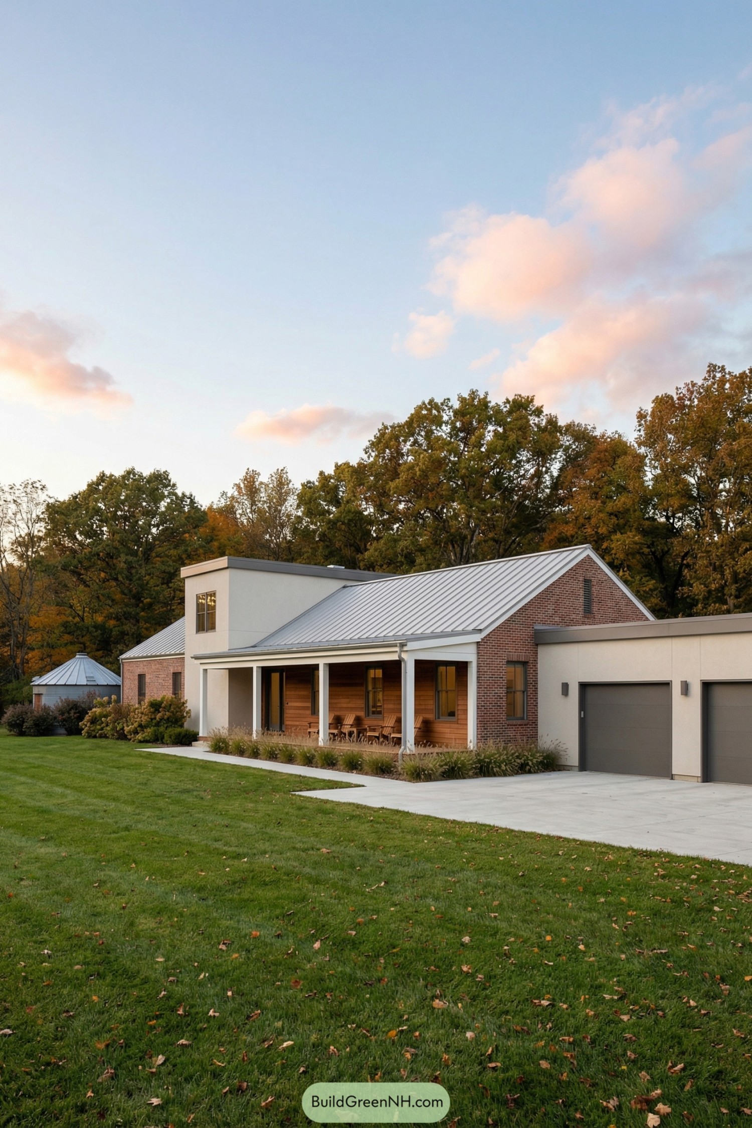 Modern farmhouse with brick, wood, and metal roof set in a green lawn
