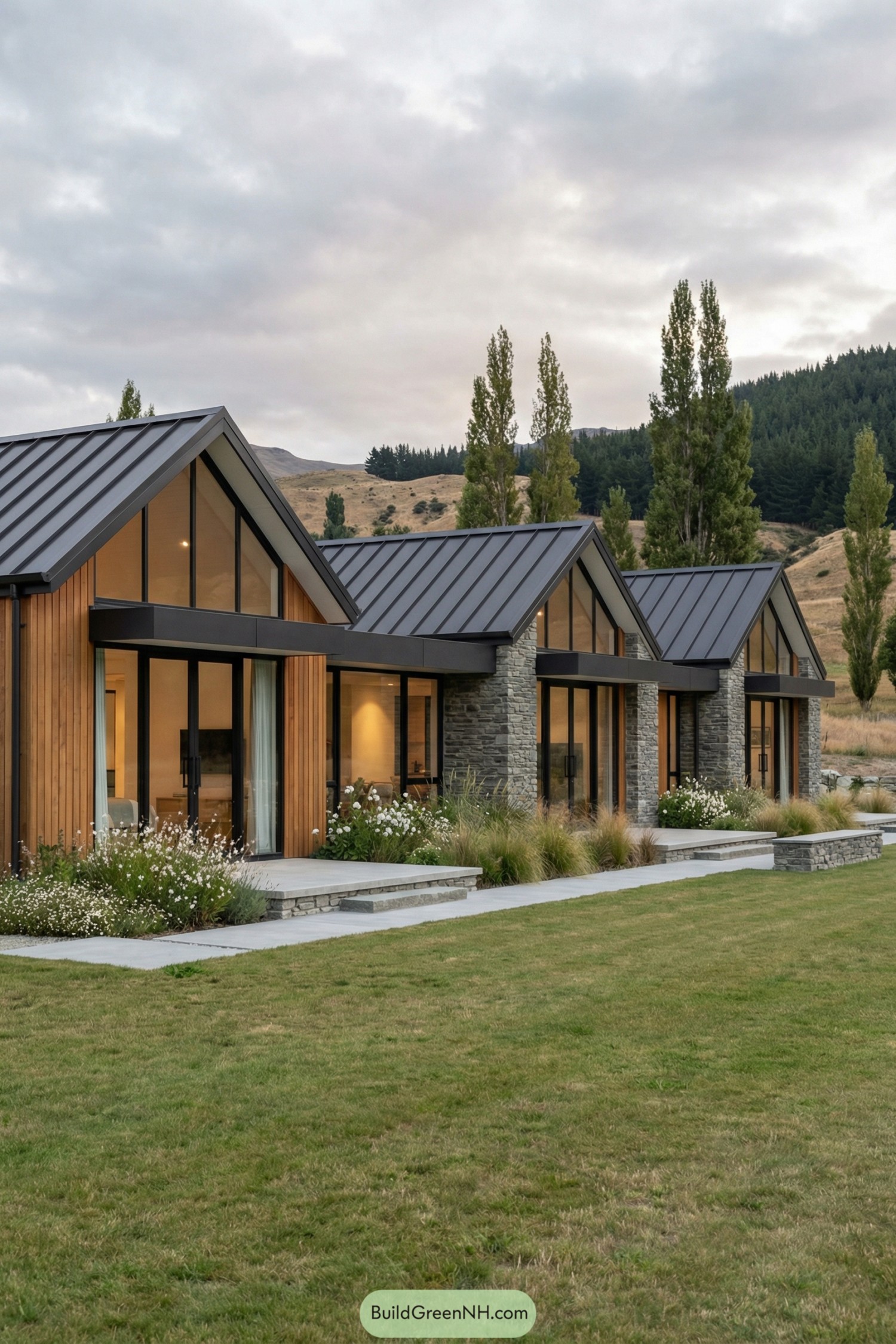 Modern gabled house with stone and timber facing open lawn and hills