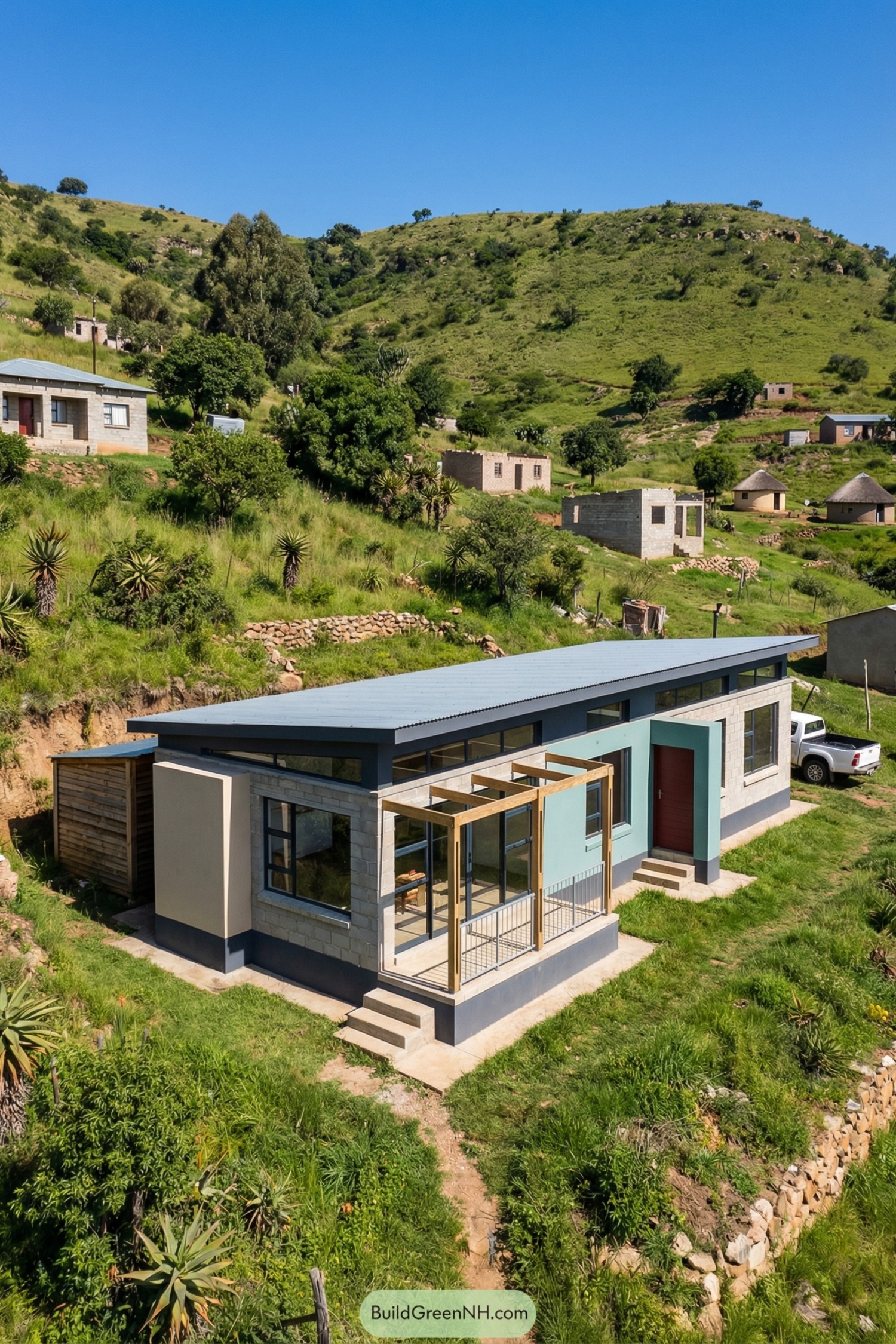 Modern single story house with long metal roof and glass front porch on a green hillside