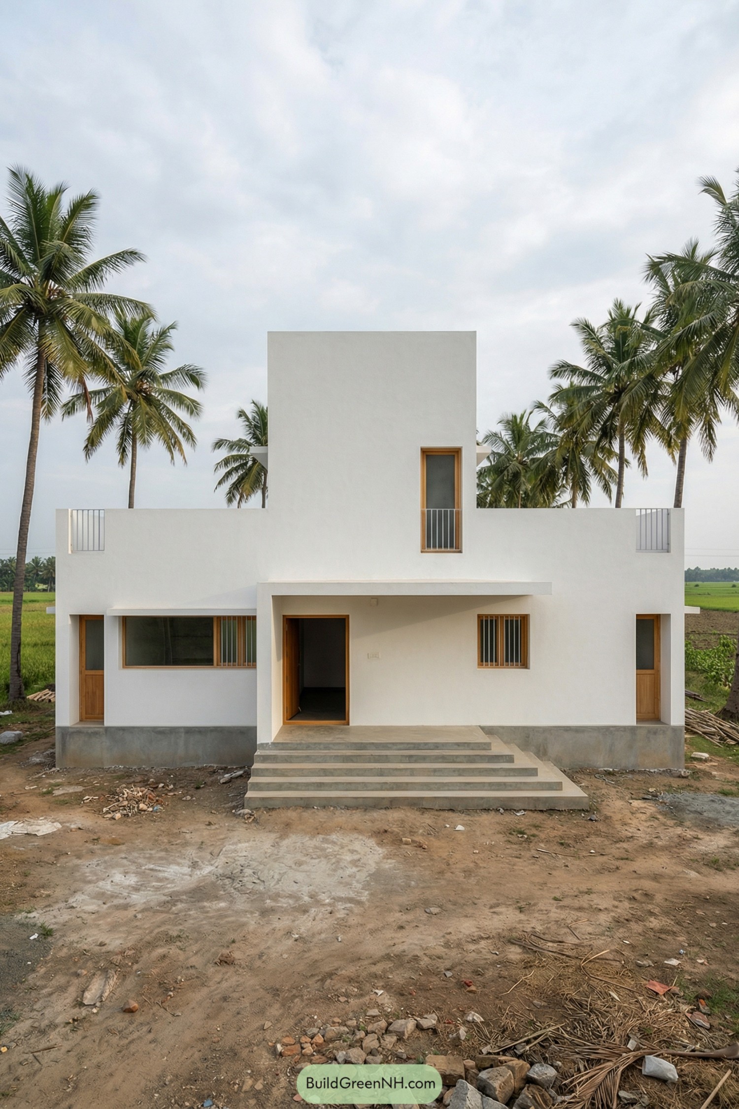 Minimalist white rural house with stepped form and palm trees