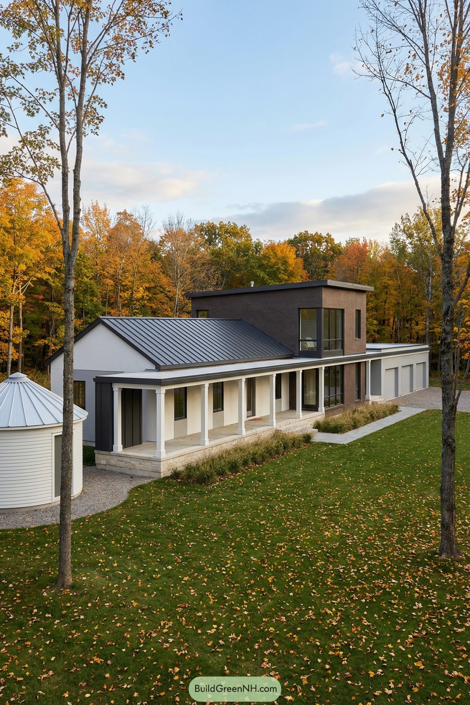 Modern farmhouse style home with long front porch beside autumn woods