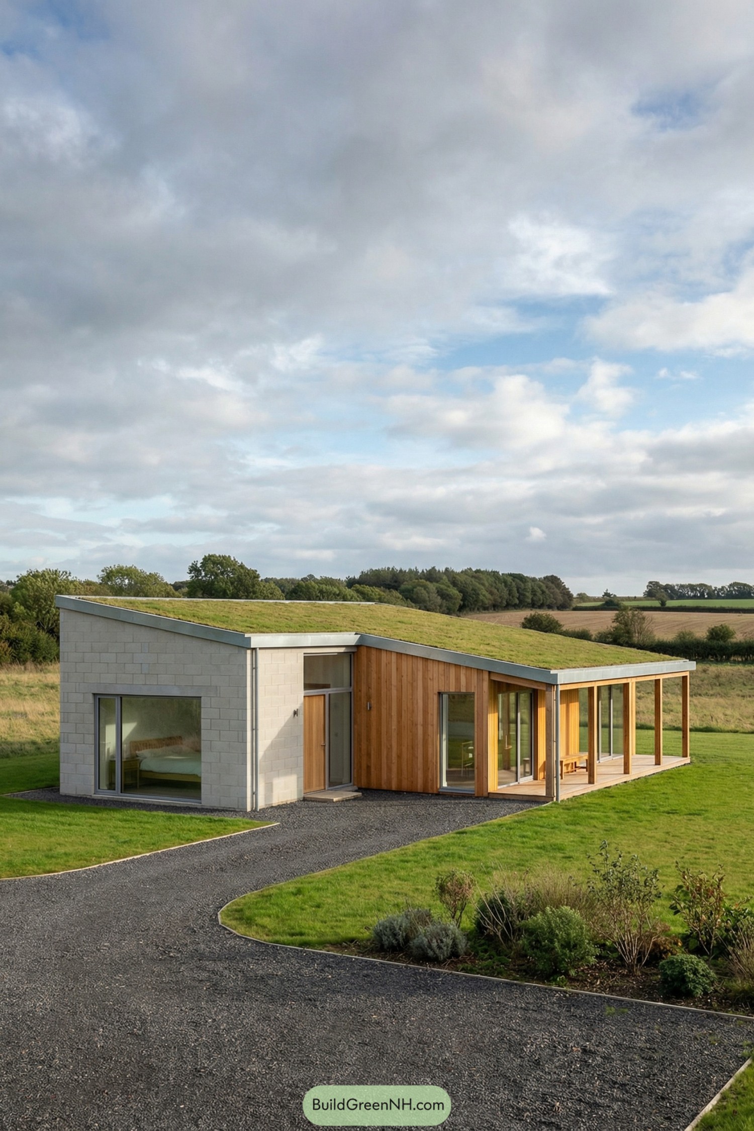 Single story rural house with green roof and long glass-lined porch set in open fields