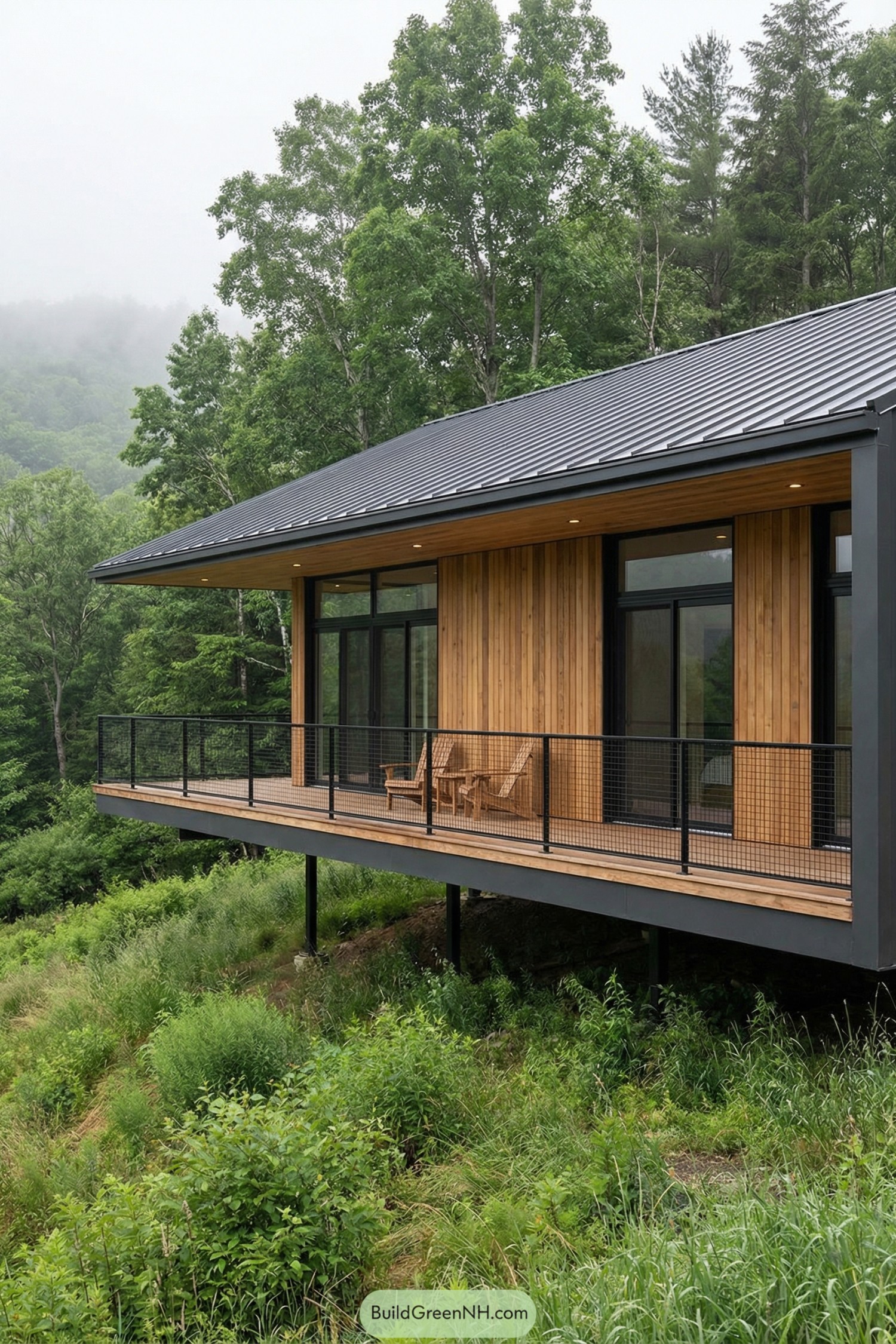 Elevated modern wood house on stilts overlooking lush forested hillside