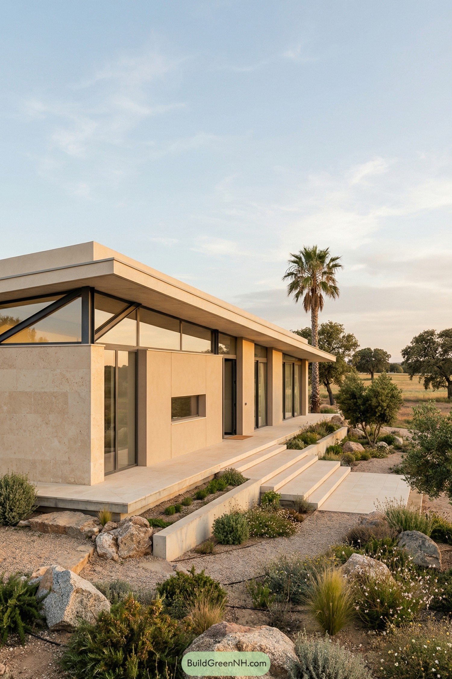 Single story modern home with flat roof and layered stone steps in a dry landscaped yard