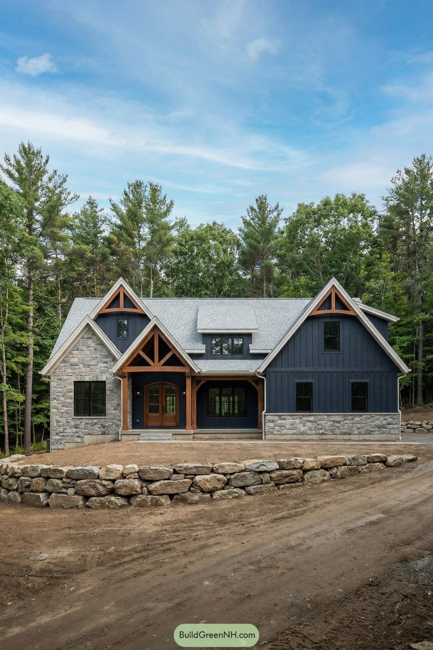 Modern gabled country house with stone and dark siding set in a wooded clearing