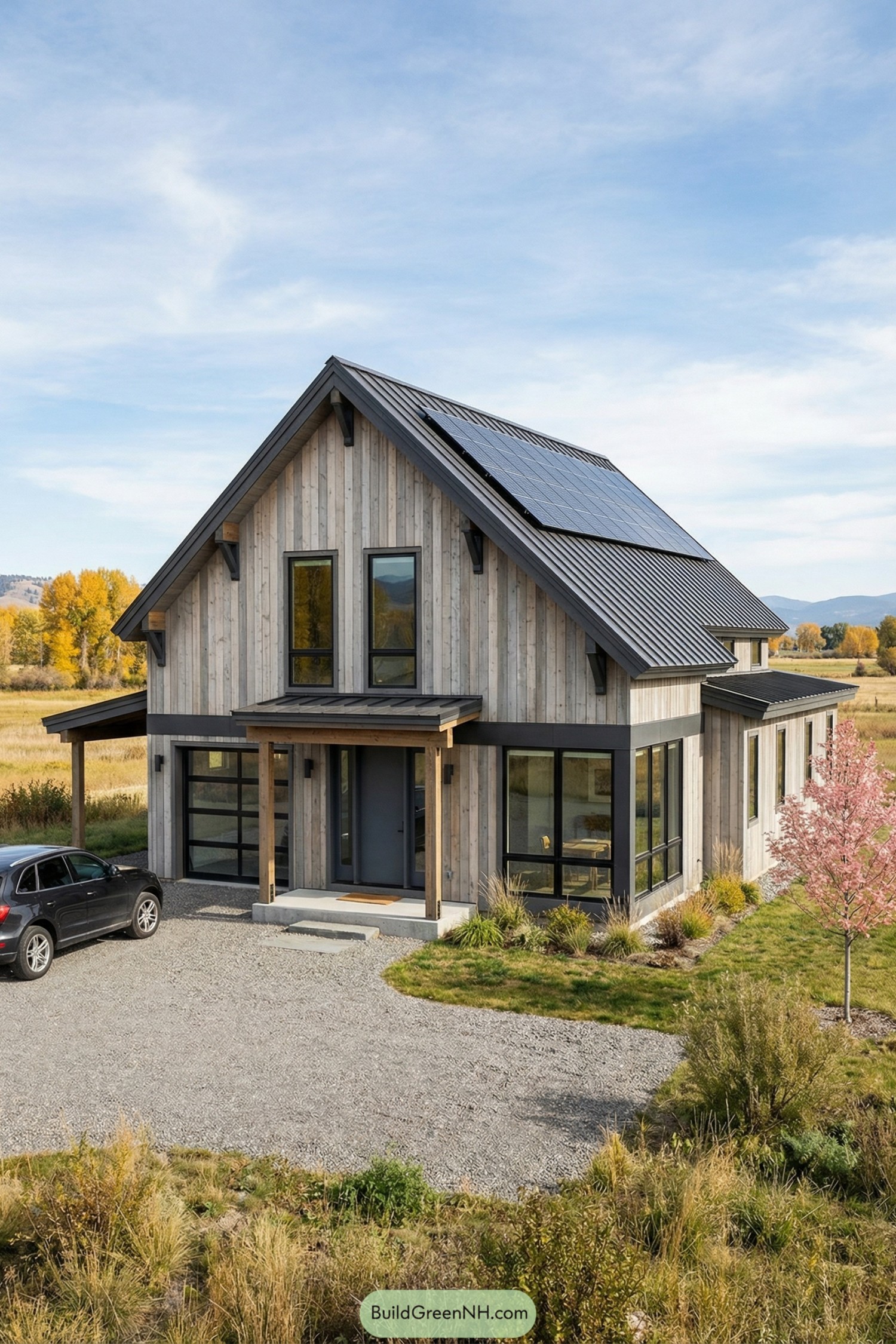Modern farmhouse with metal roof and solar panels set in an open field