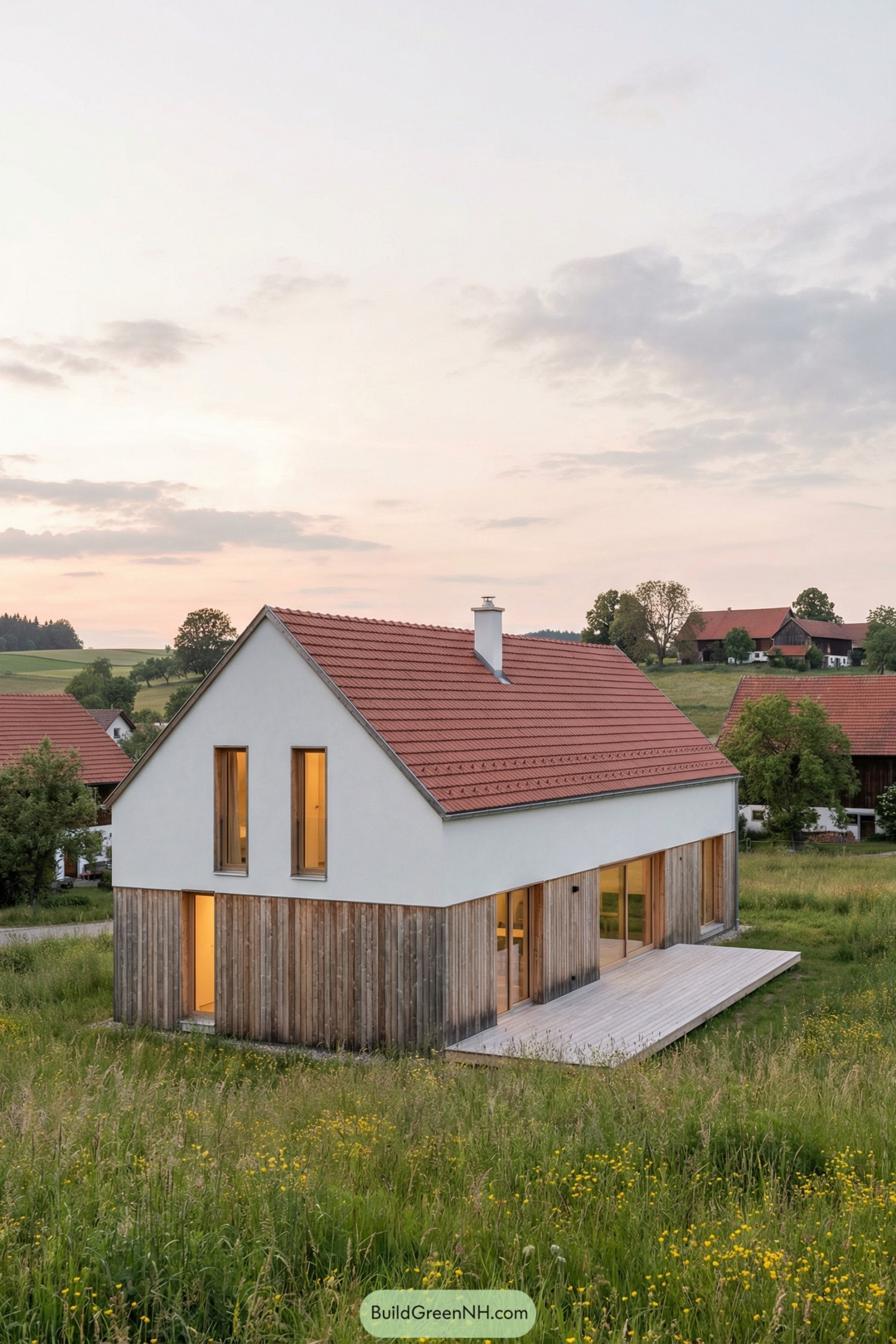 Modern gabled house with white walls and wooden siding sitting in a grassy field