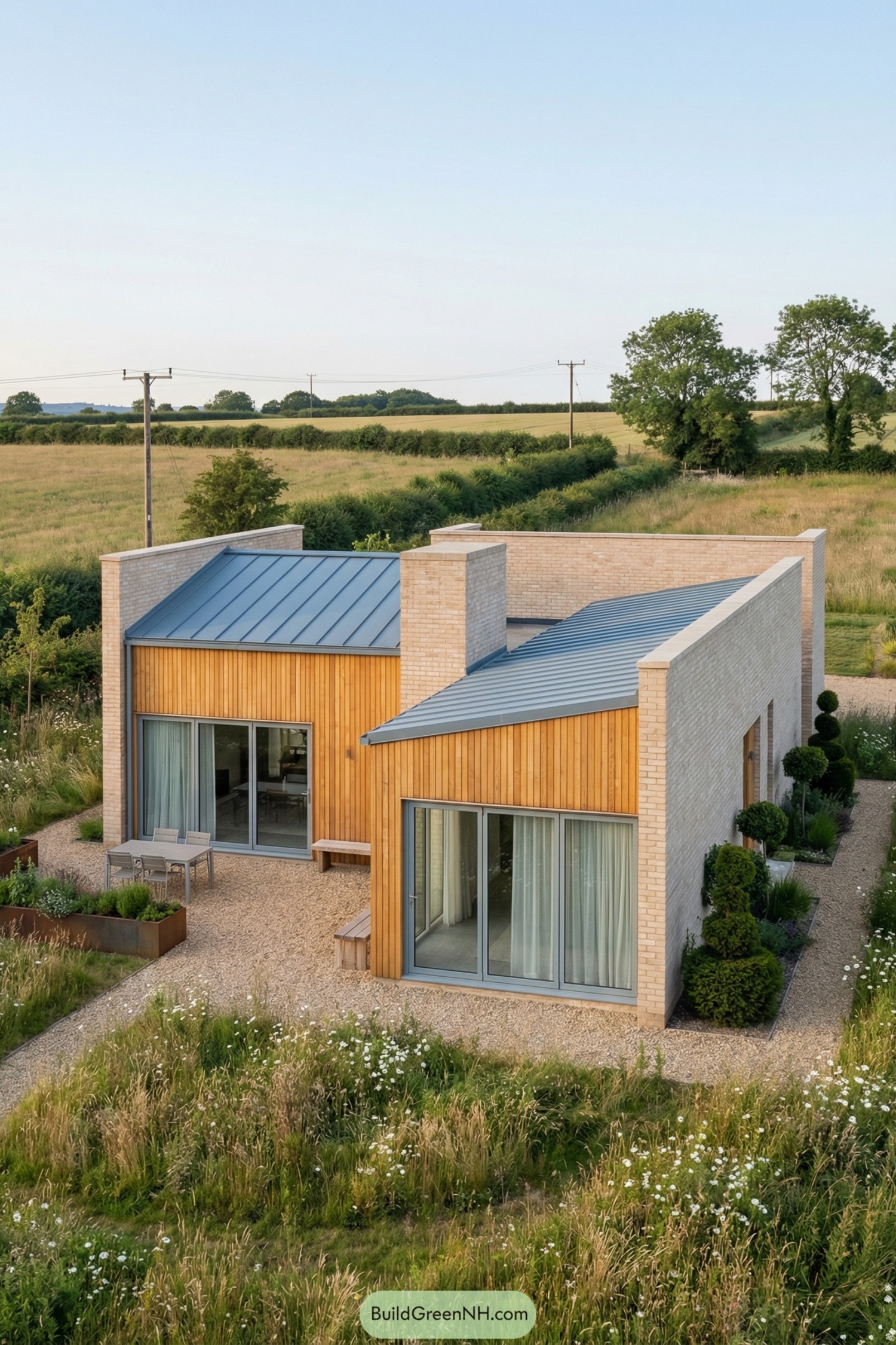 Modern low house with timber and brick walls and metal roofs in an open rural meadow