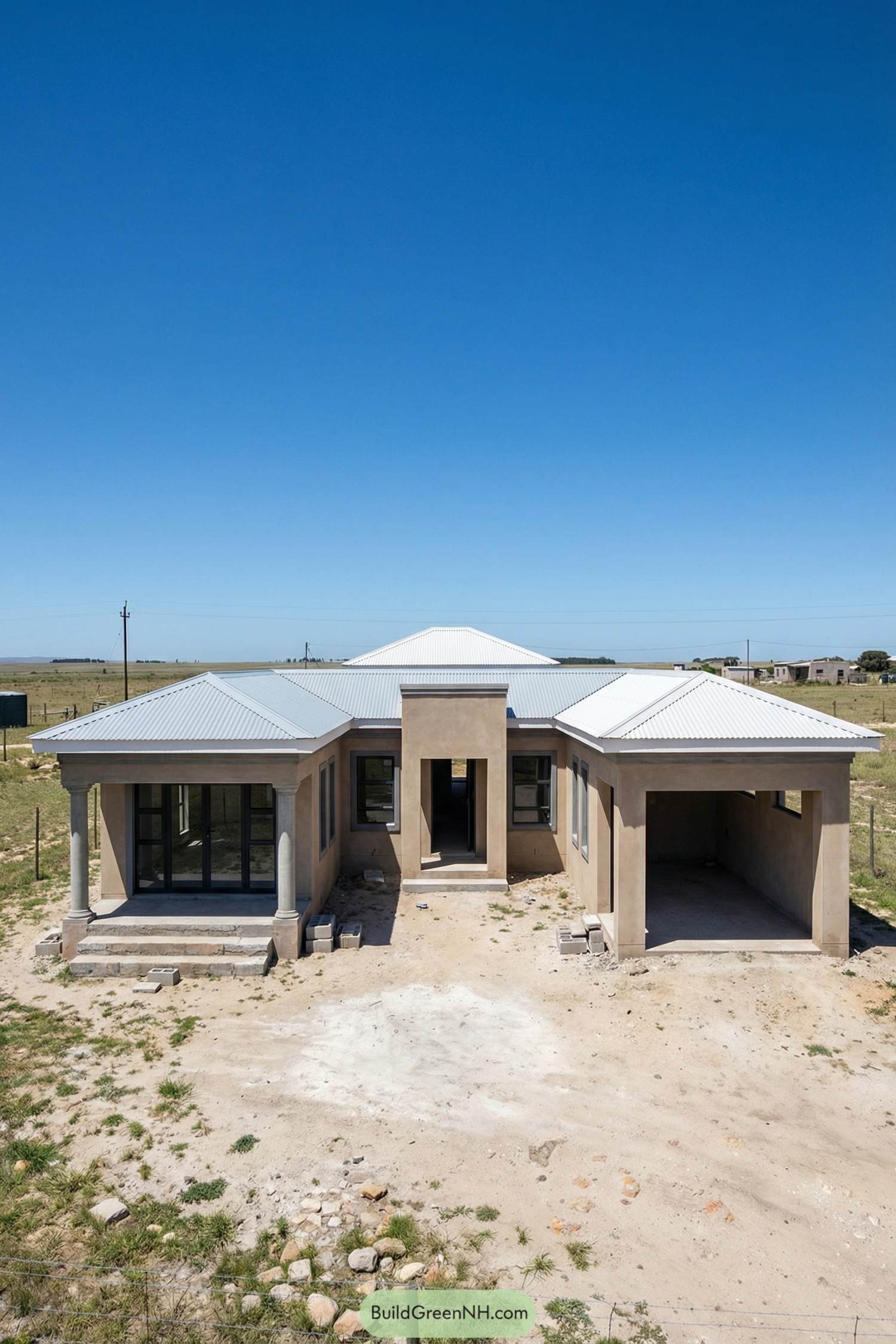 Single story stucco rural home with metal roofs and central entry