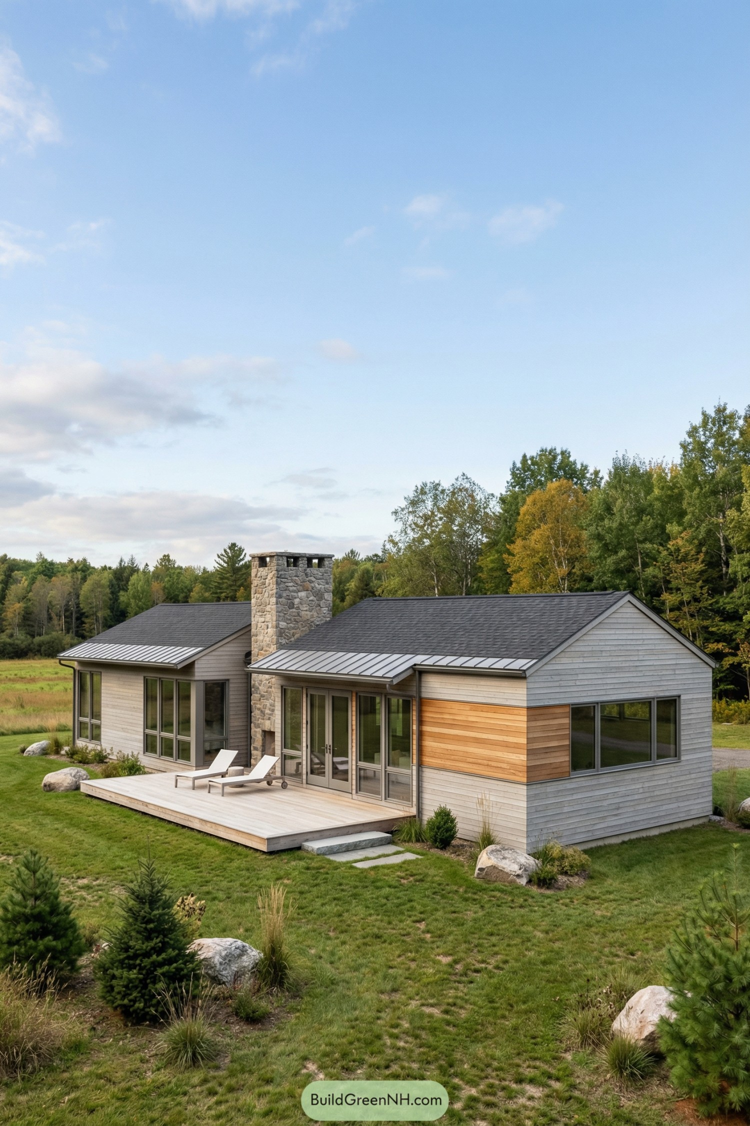 Single story modern farmhouse with stone chimney and wood clad exterior set in a grassy rural landscape