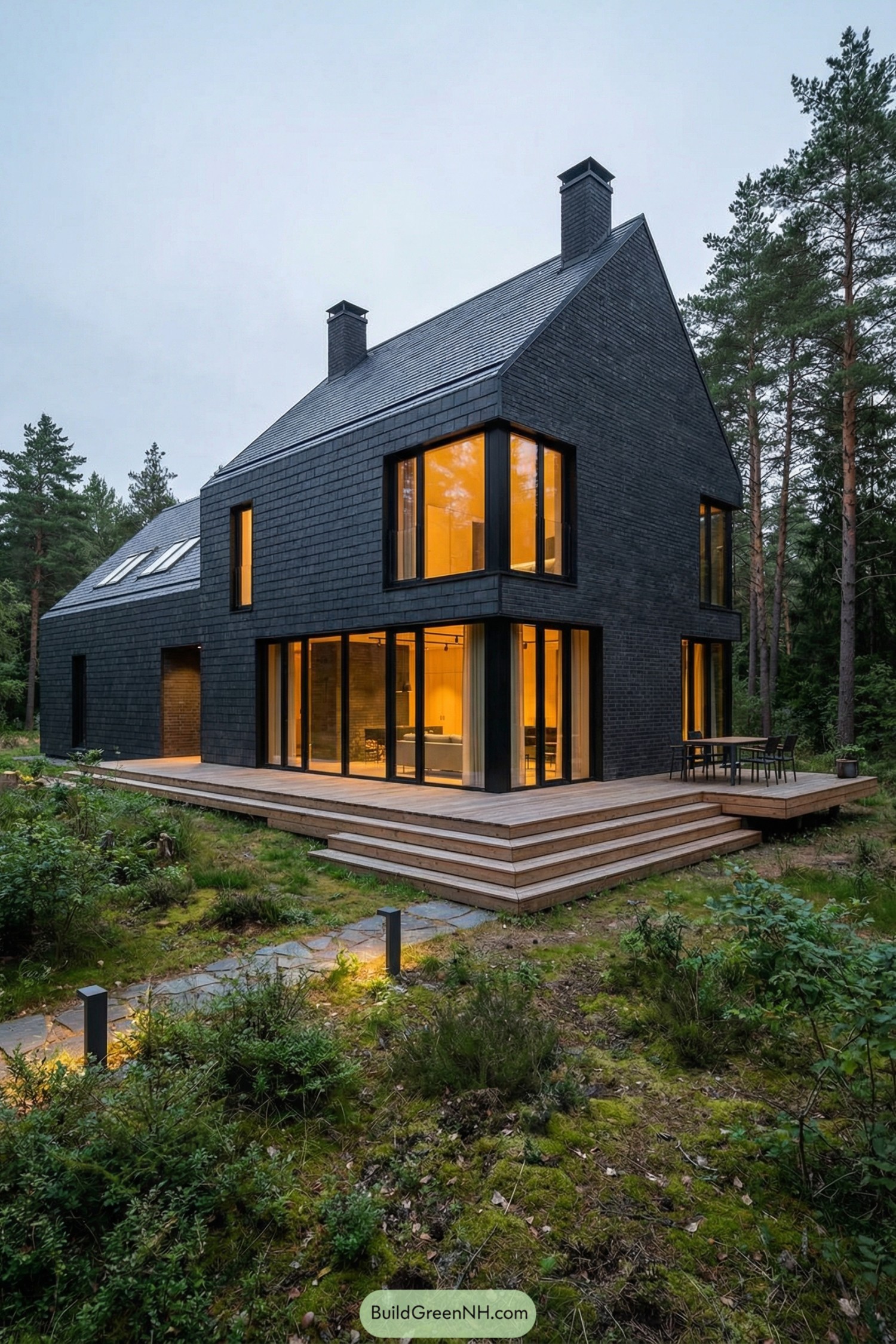 Dark shingle clad modern house with large warm lit windows and a wide wooden deck in a forest clearing