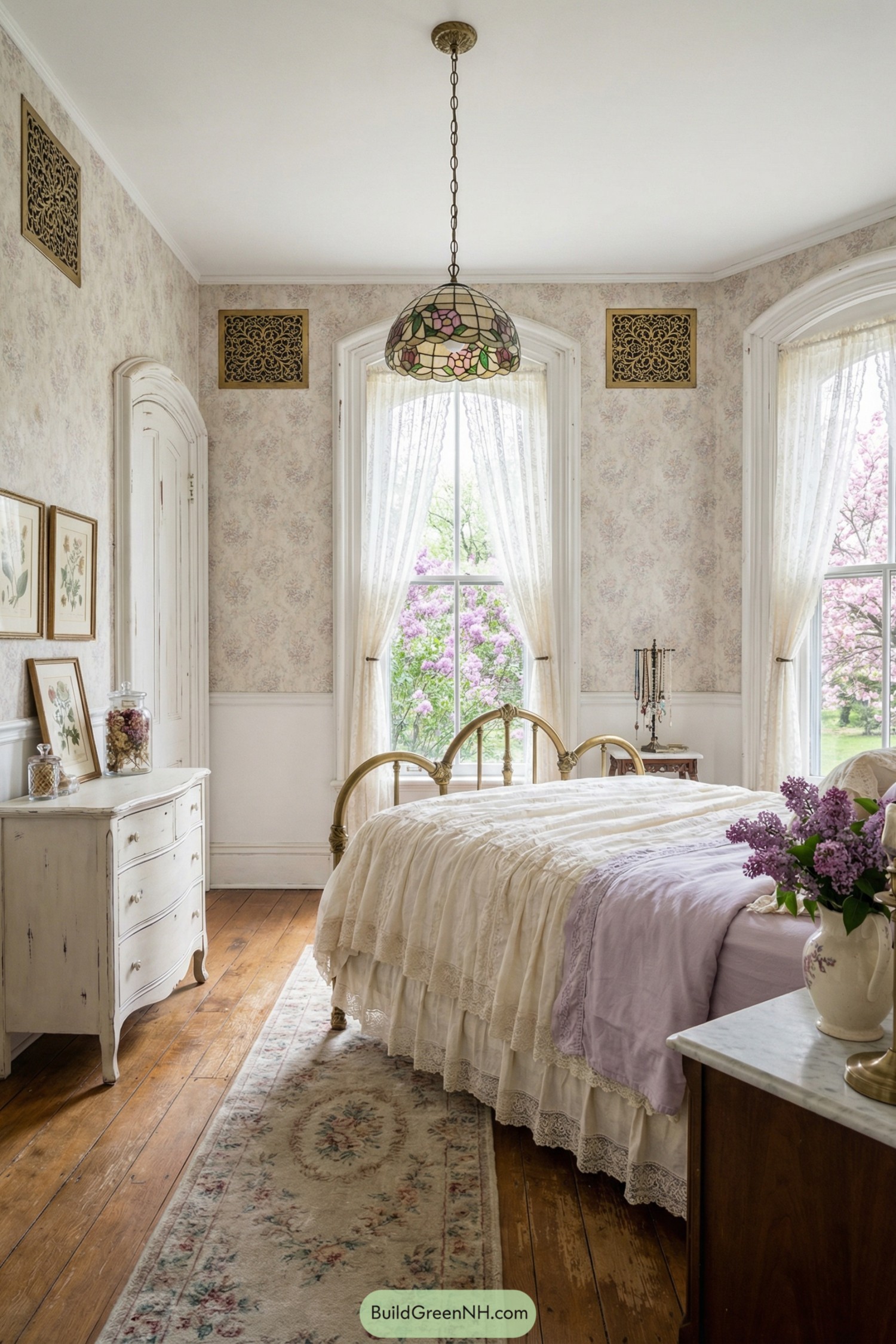 Vintage shabby chic bedroom with brass bed ruffled linens floral wallpaper and lilac views
